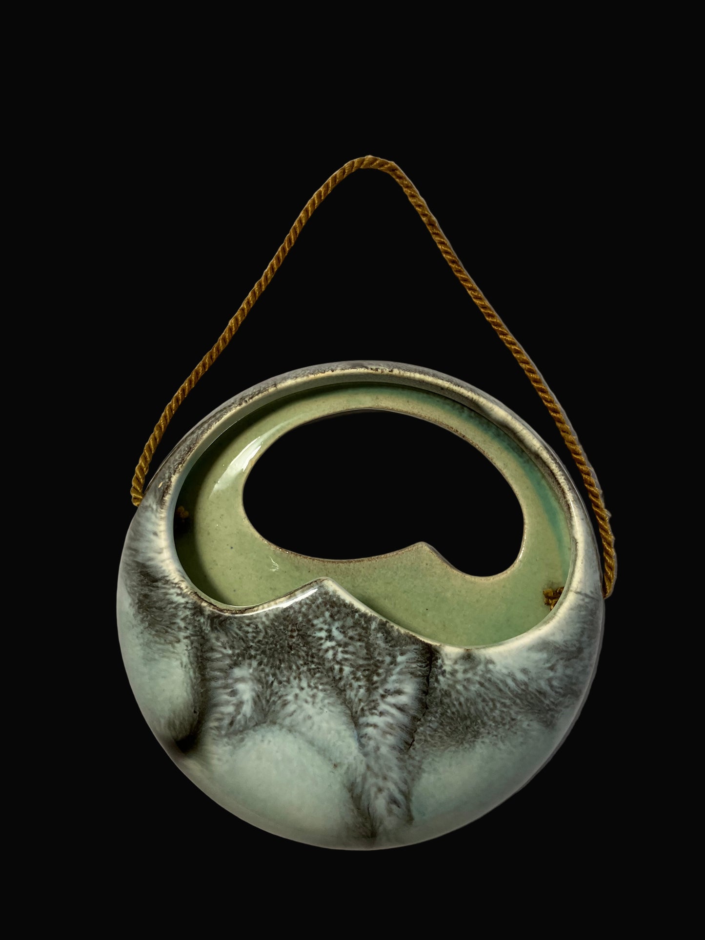 Mid Century Pottery Wall Pocket – Round Hanging Planter with Gold Cord