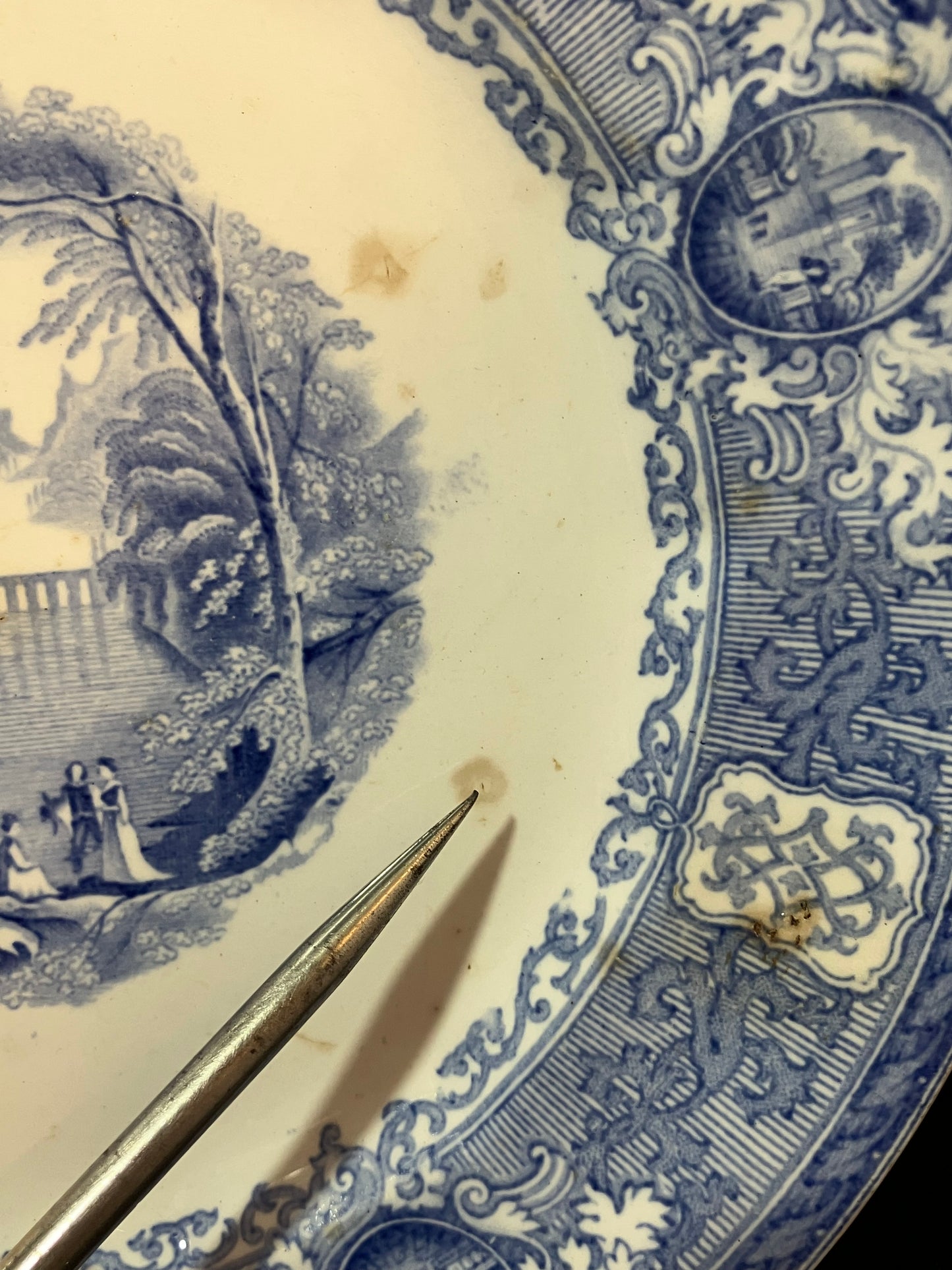 Antique E. Challinor Panama Dinner Plate – 1850s Ironstone – Blue & White Transferware