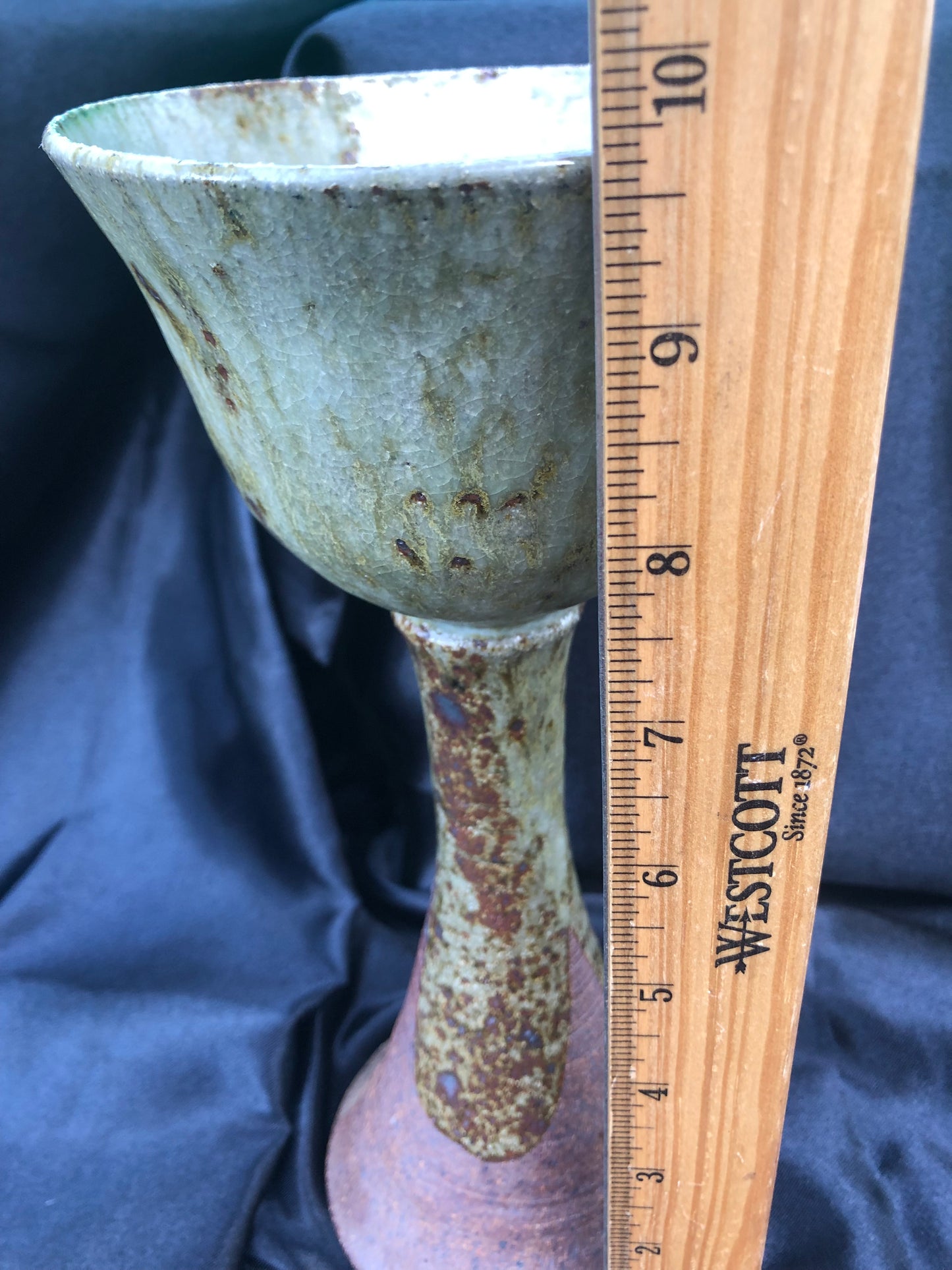 Vintage Pottery Goblet – 10” Tall – Handcrafted Wine Cup / Stemware – Signed Kate 74
