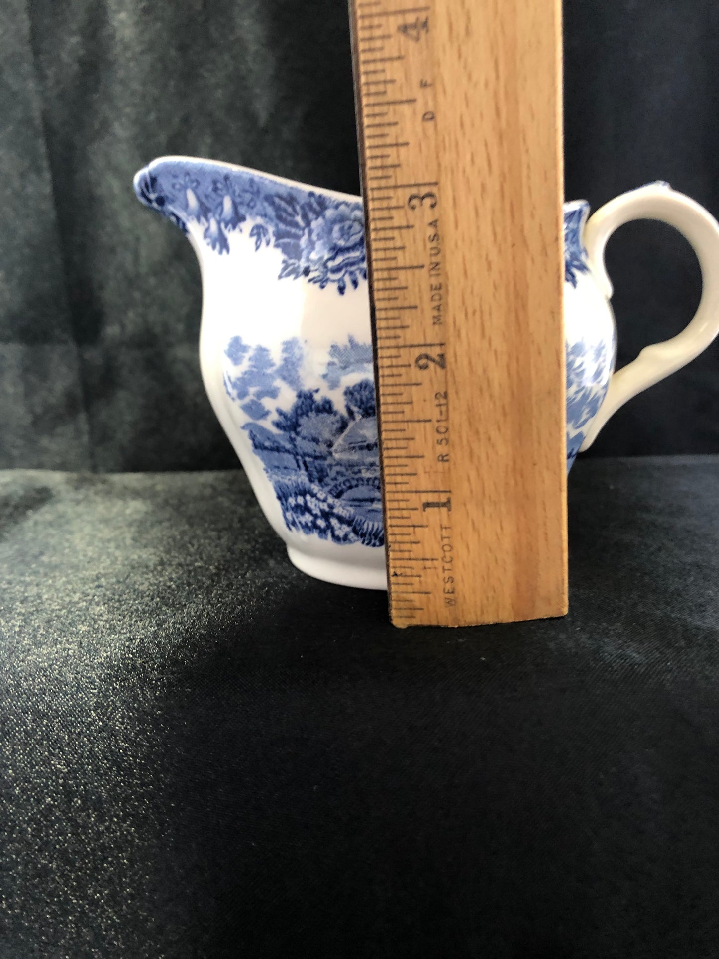 Vintage Staffordshire Blue & White Creamer – English Village Transferware Pitcher