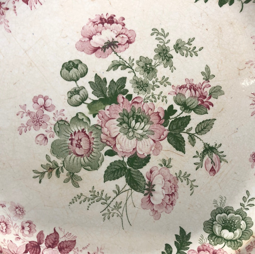 Antique Pink and Green Transfer ware Plate