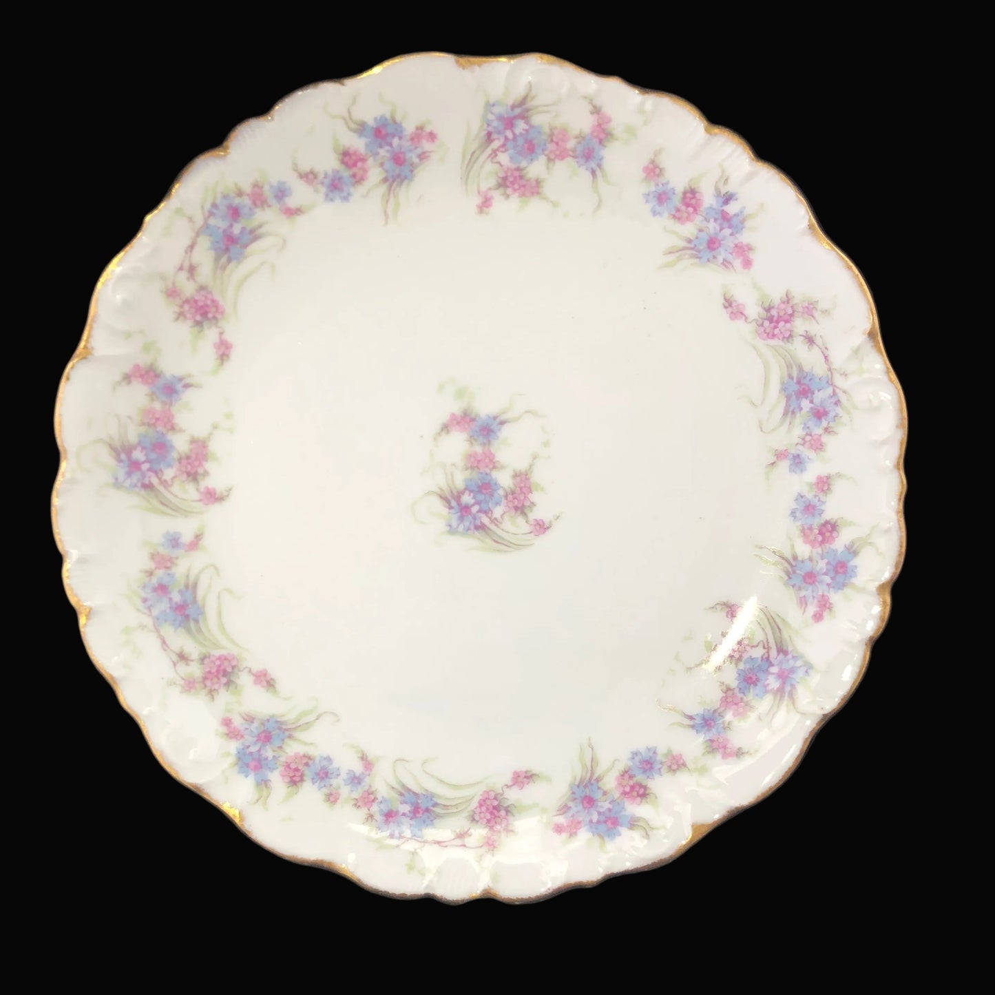 Antique Limoges Elite Works Plate, Bawo & Dotter France Porcelain, Blue Pink Floral Lunch Plate