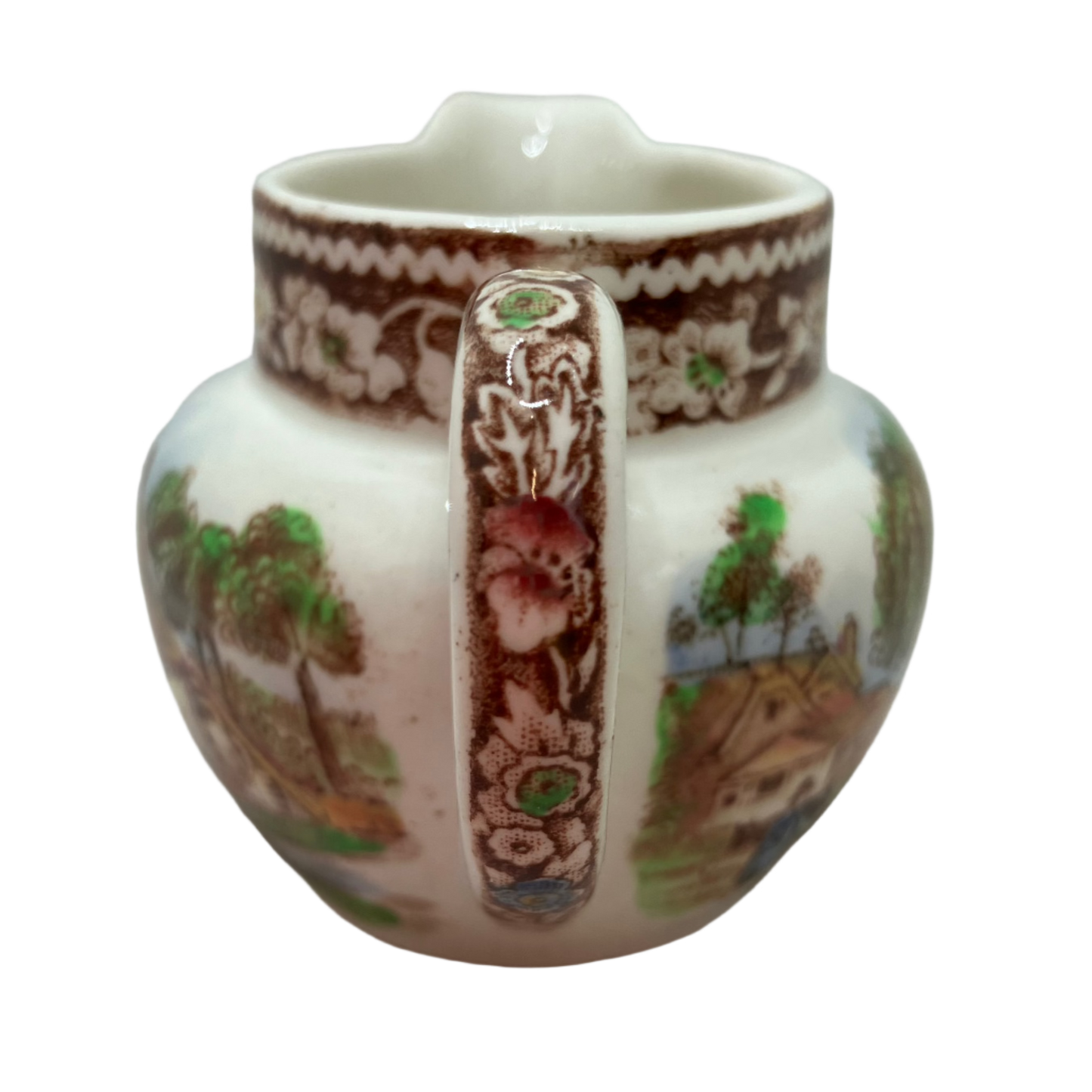 Floral border pitcher with farm scenes