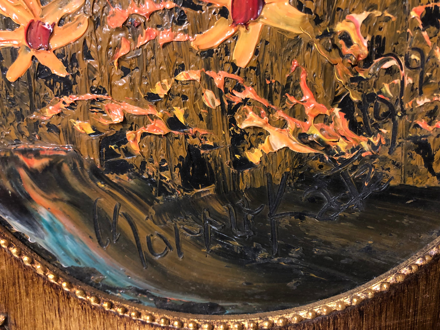 Vintage 1979 Morris Katz Signed Painting – Mid Century Pop Art – Heavily Textured Floral on Masonite