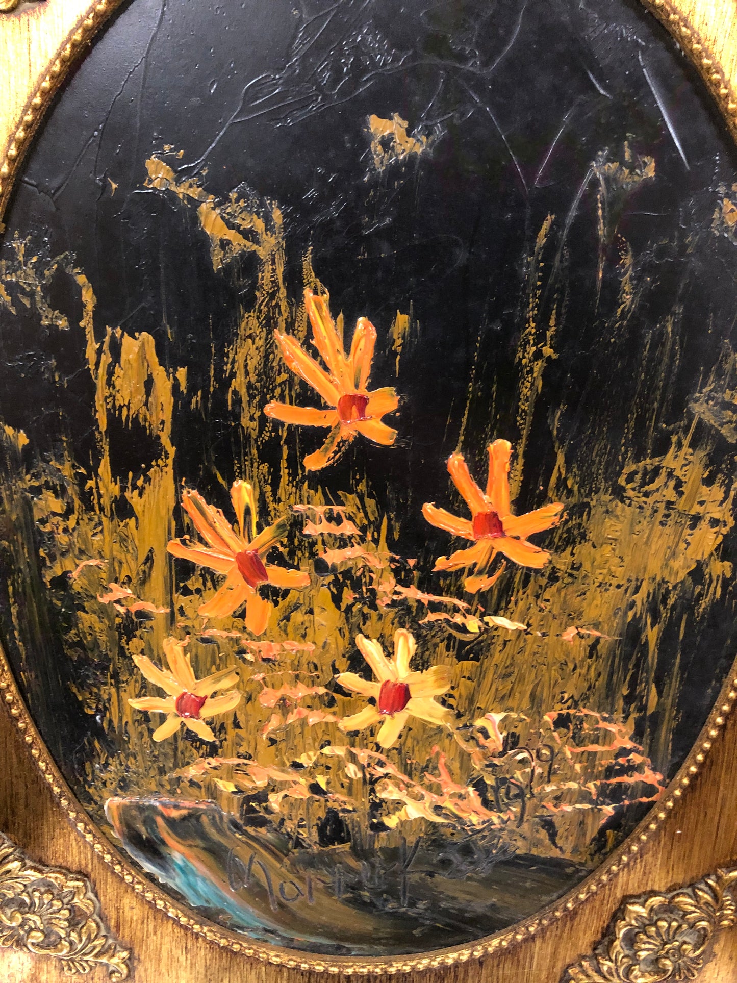 Vintage 1979 Morris Katz Signed Painting – Mid Century Pop Art – Heavily Textured Floral on Masonite