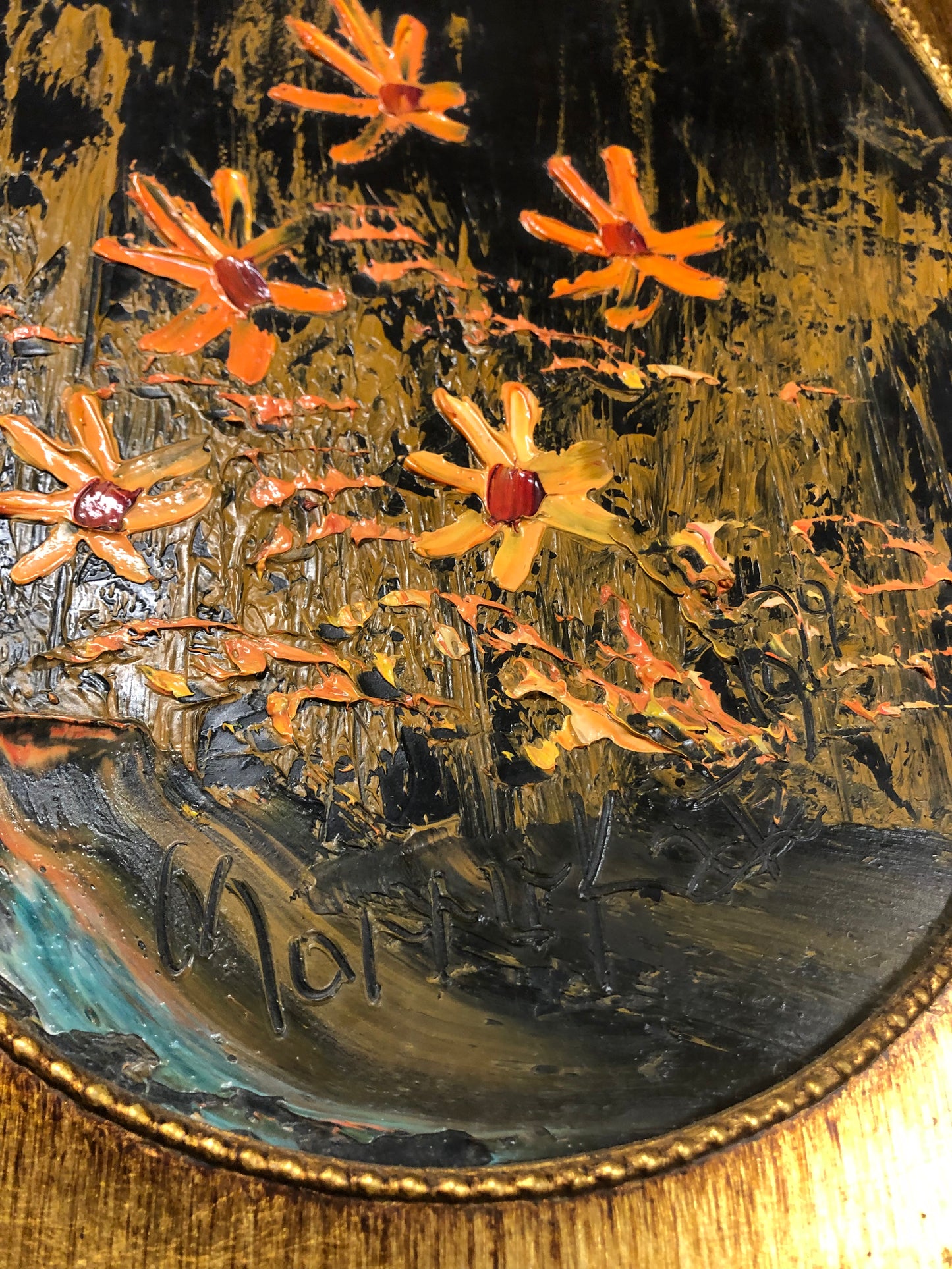 Vintage 1979 Morris Katz Signed Painting – Mid Century Pop Art – Heavily Textured Floral on Masonite