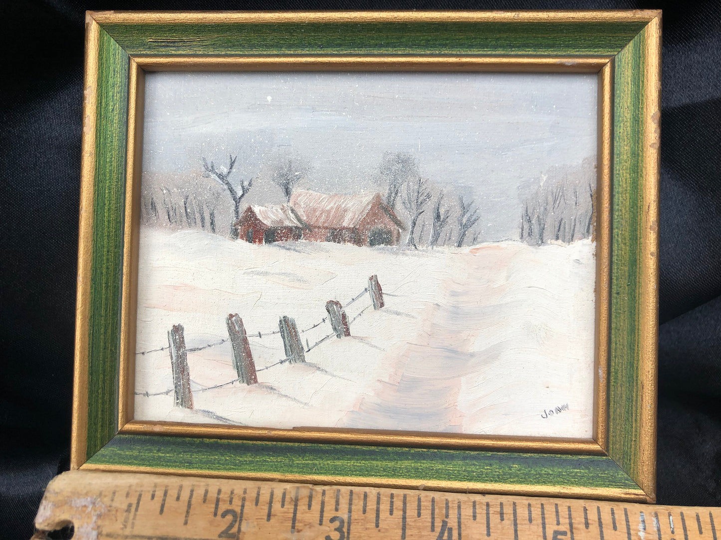 Vintage Miniature Original Painting – Winter Barn Landscape