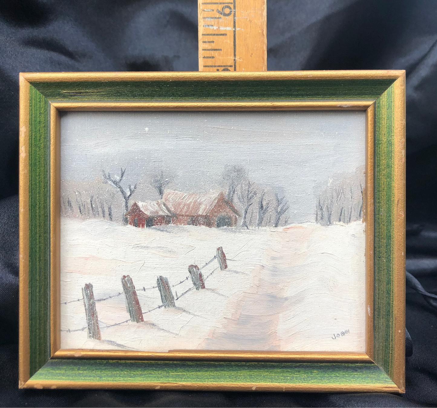 Vintage Miniature Original Painting – Winter Barn Landscape