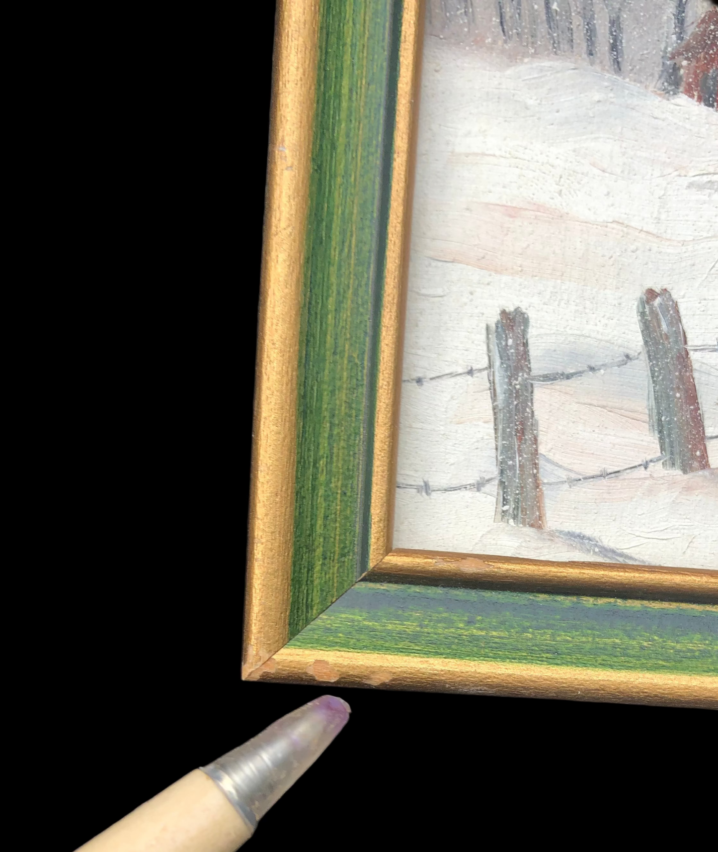Vintage Miniature Original Painting – Winter Barn Landscape