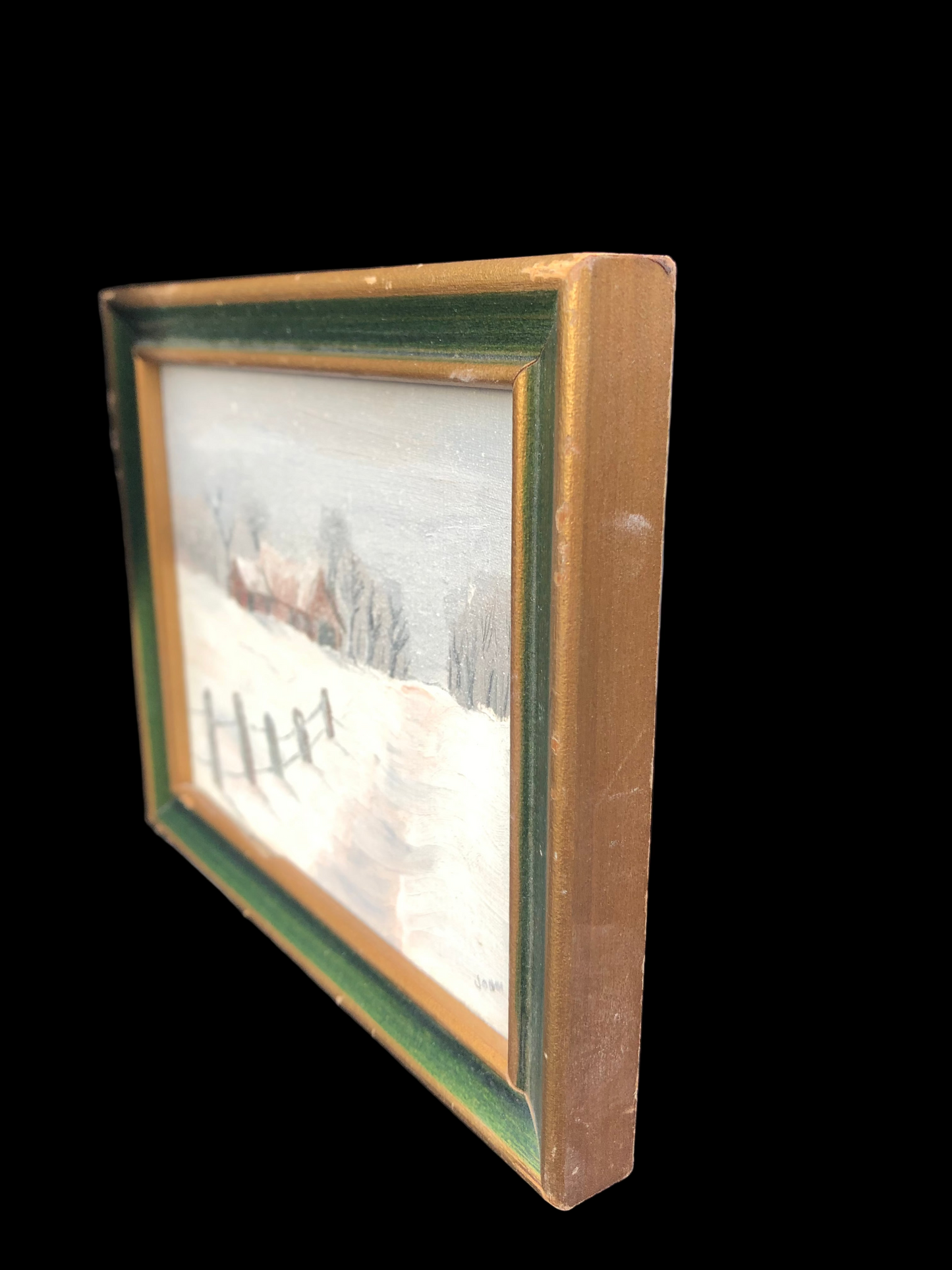 Vintage Miniature Original Painting – Winter Barn Landscape