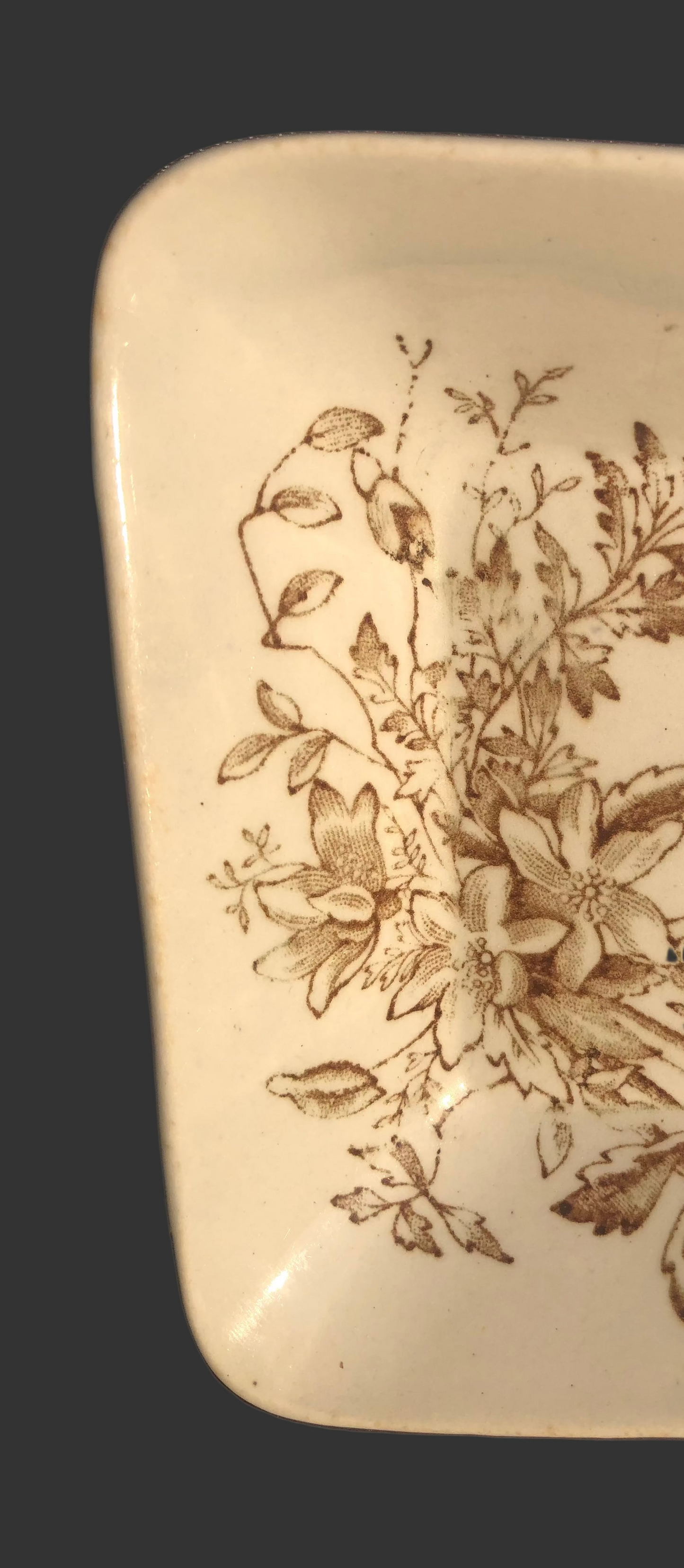 Antique Ironstone Dish, 1800s Brown Transferware, Aesthetic Period Wildflower, 4.5” Square Trinket or Nut Dish