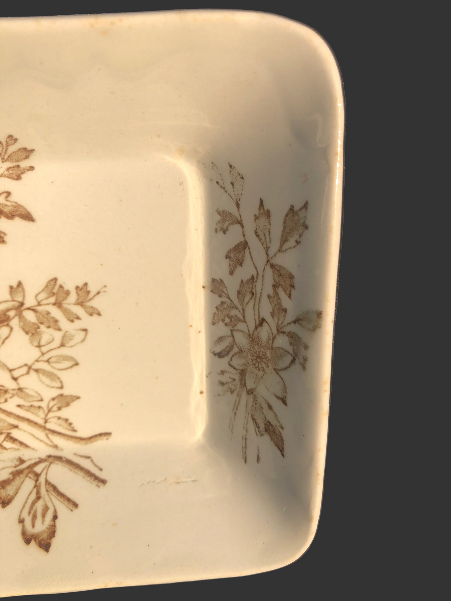Antique Ironstone Dish, 1800s Brown Transferware, Aesthetic Period Wildflower, 4.5” Square Trinket or Nut Dish