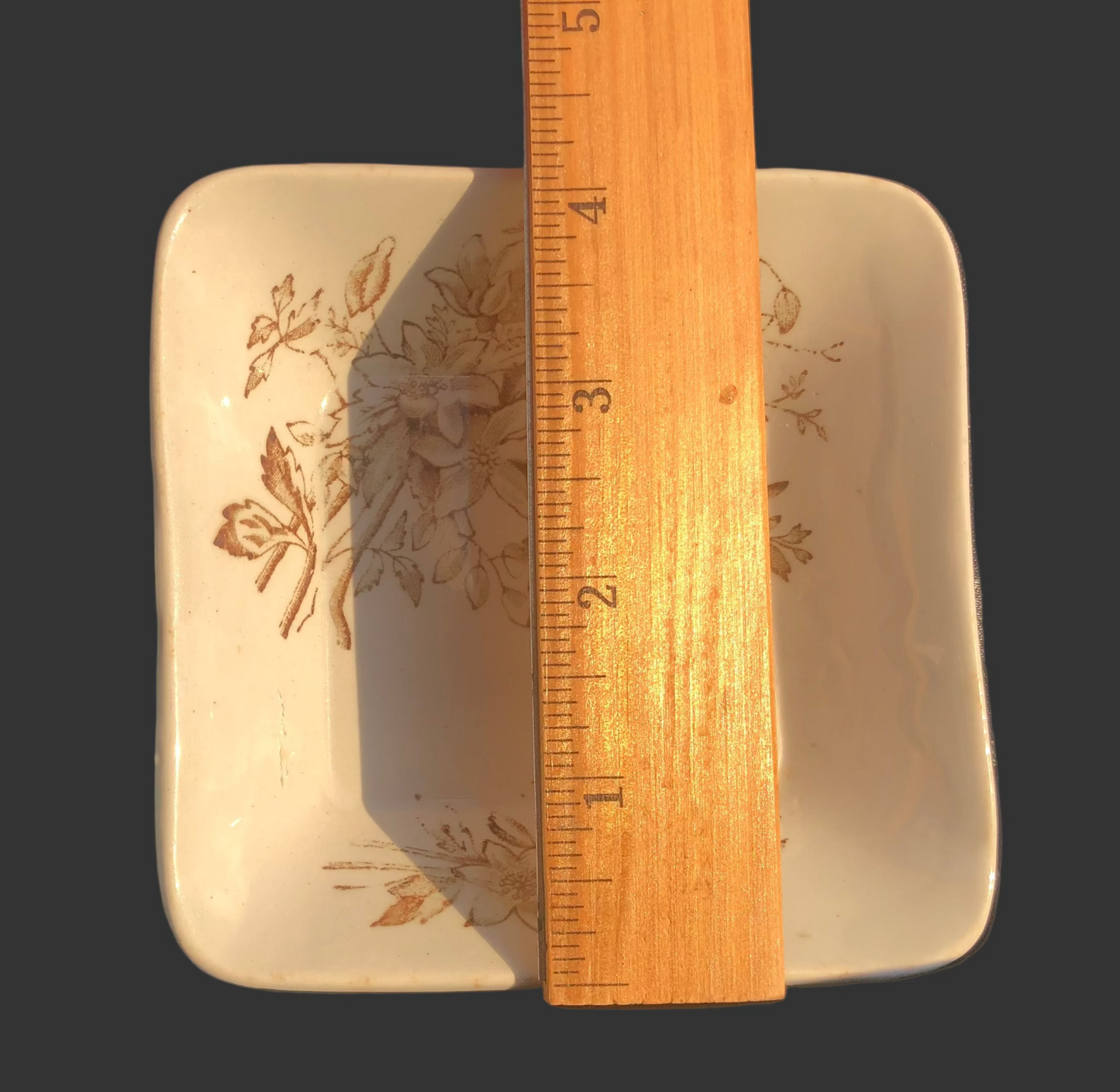 Antique Ironstone Dish, 1800s Brown Transferware, Aesthetic Period Wildflower, 4.5” Square Trinket or Nut Dish