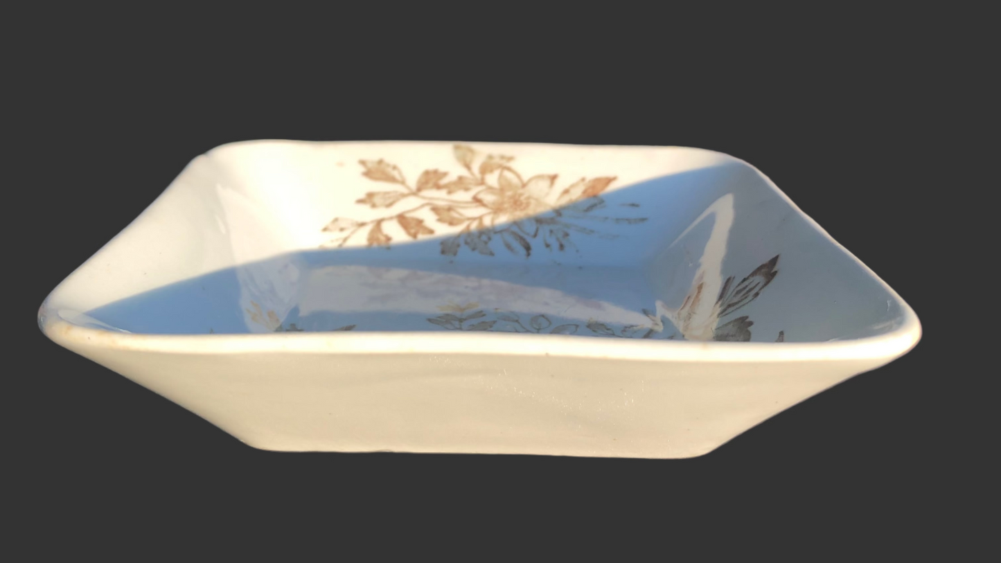 Antique Ironstone Dish, 1800s Brown Transferware, Aesthetic Period Wildflower, 4.5” Square Trinket or Nut Dish