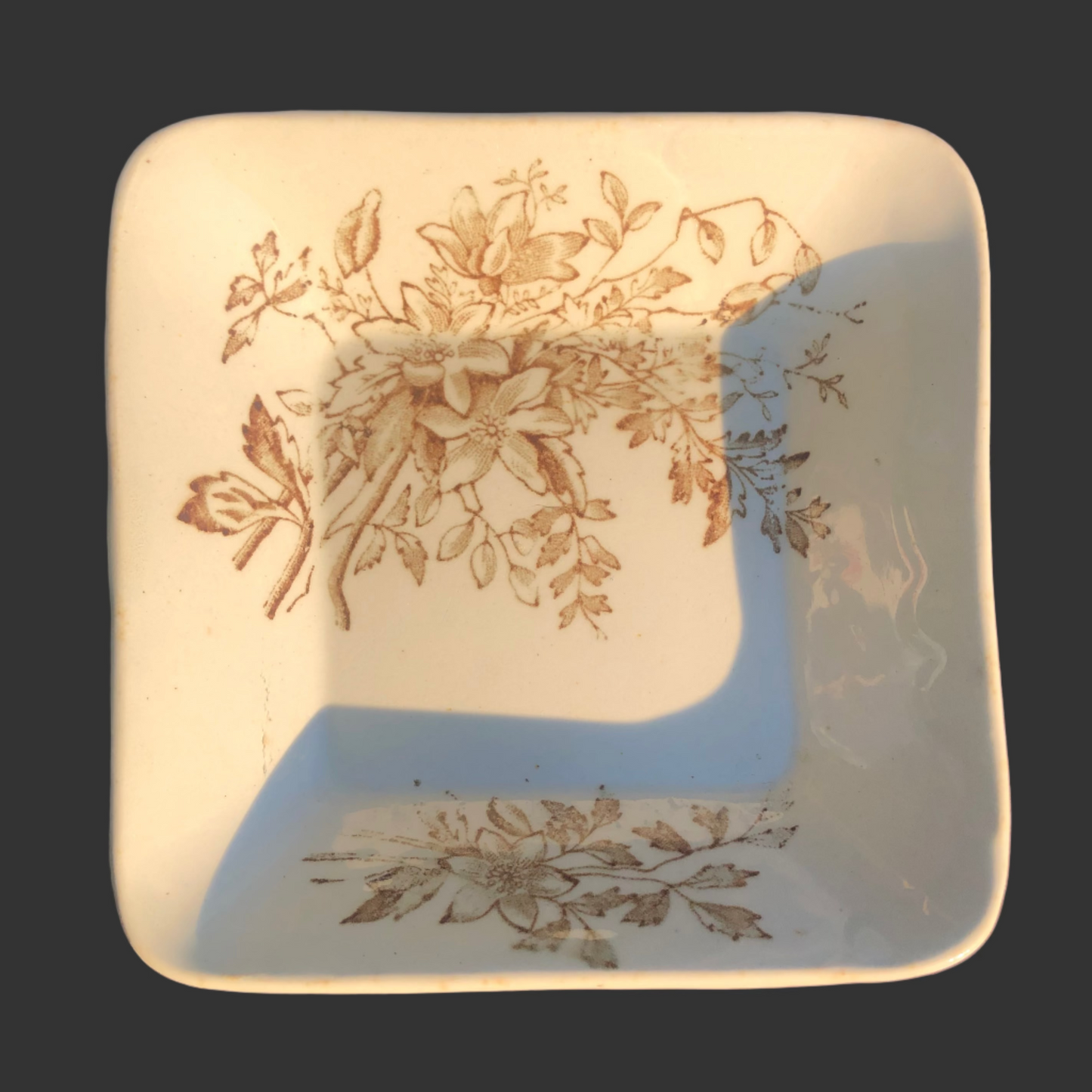 Antique Ironstone Dish, 1800s Brown Transferware, Aesthetic Period Wildflower, 4.5” Square Trinket or Nut Dish