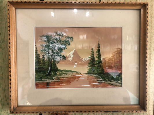Fall Landscape Painting Signed by Aronigie with snowcapped mountains