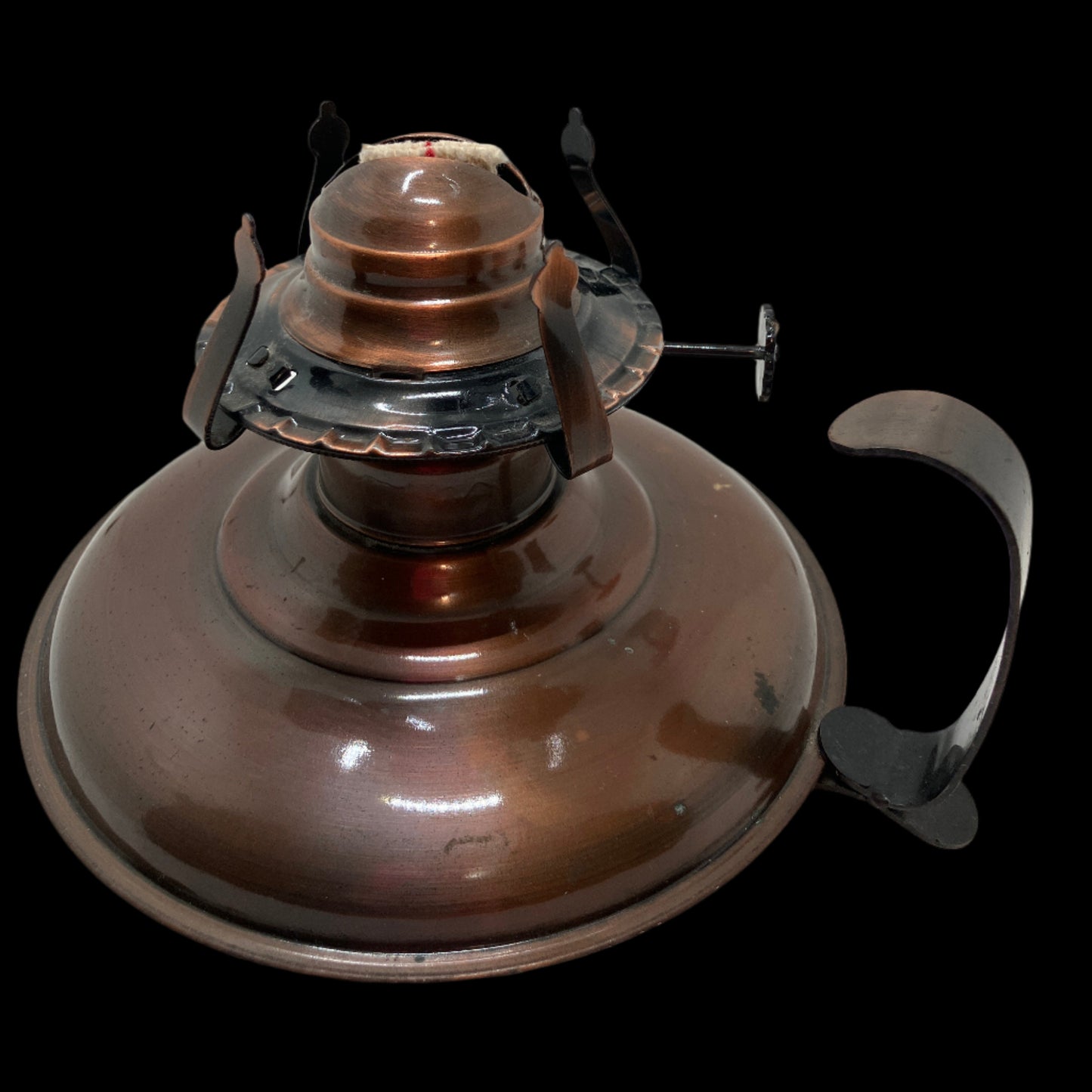 Mid Century Copper Toned Metal Oil Lamp with Handle and Wick