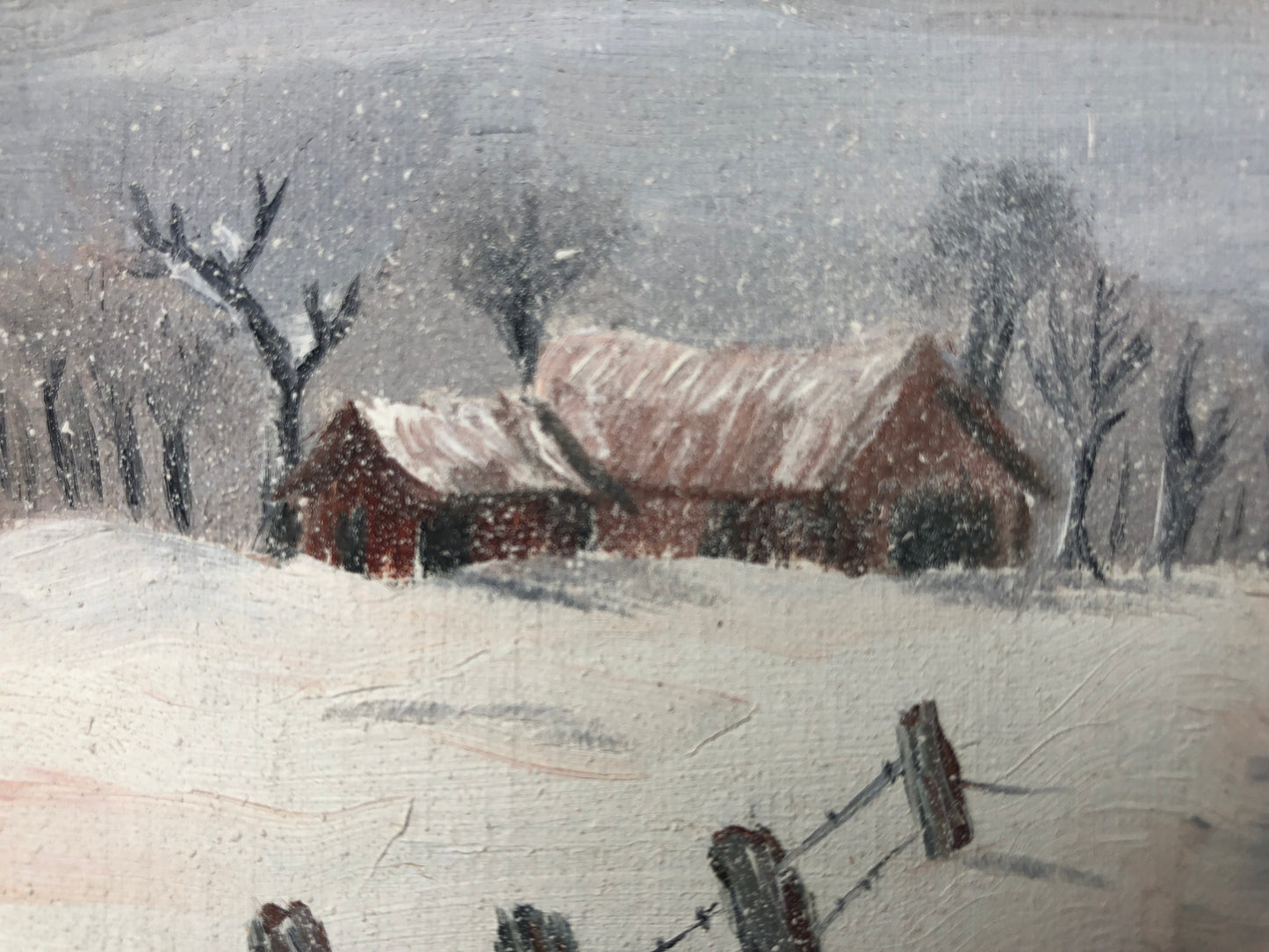 Miniature winter barn landscape in wooden frame