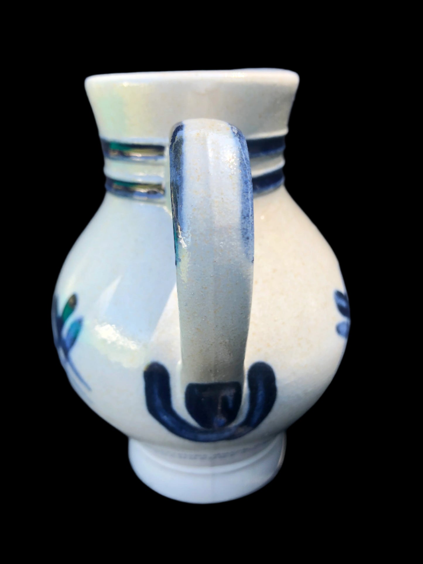 Salt glazed grey small pitcher with cobalt accents and beautiful handle