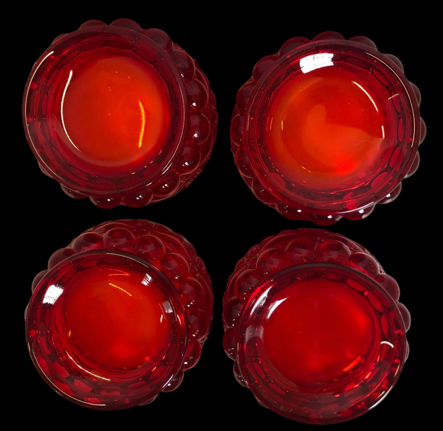 Vintage Eyewinker ruby glass bowls by LG Wright or Mosher. Matched set of four. Four inches in diameter.