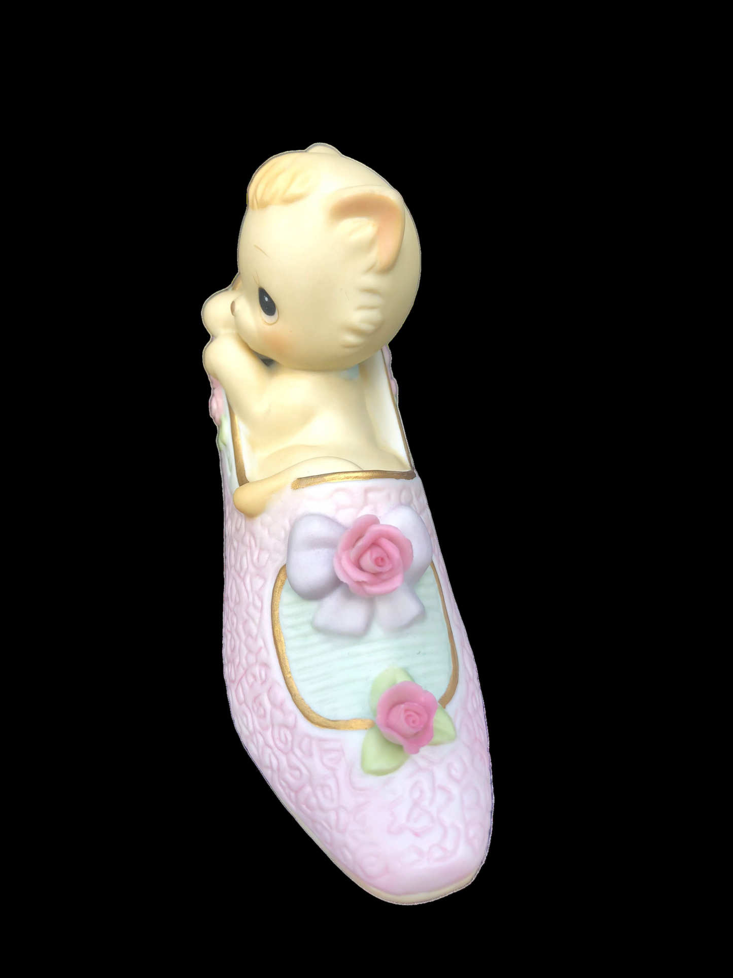 Vintage Precious Moments You Are The Cats Meow - Tan kitten in pink shoe with roses