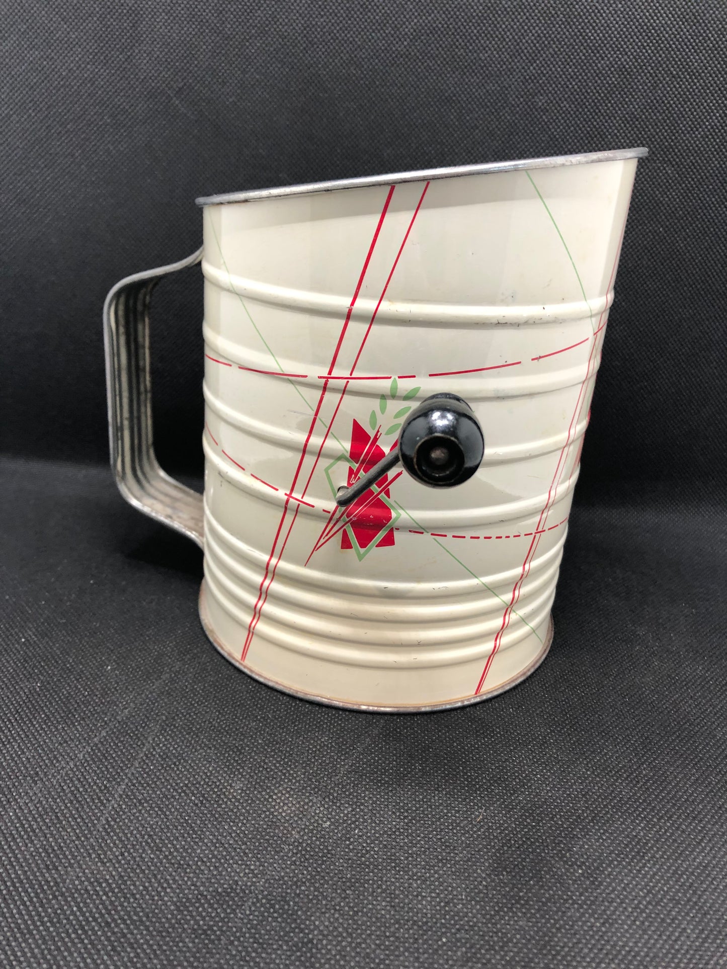 Vintage flour sifter mid century white with black knob and arm full view