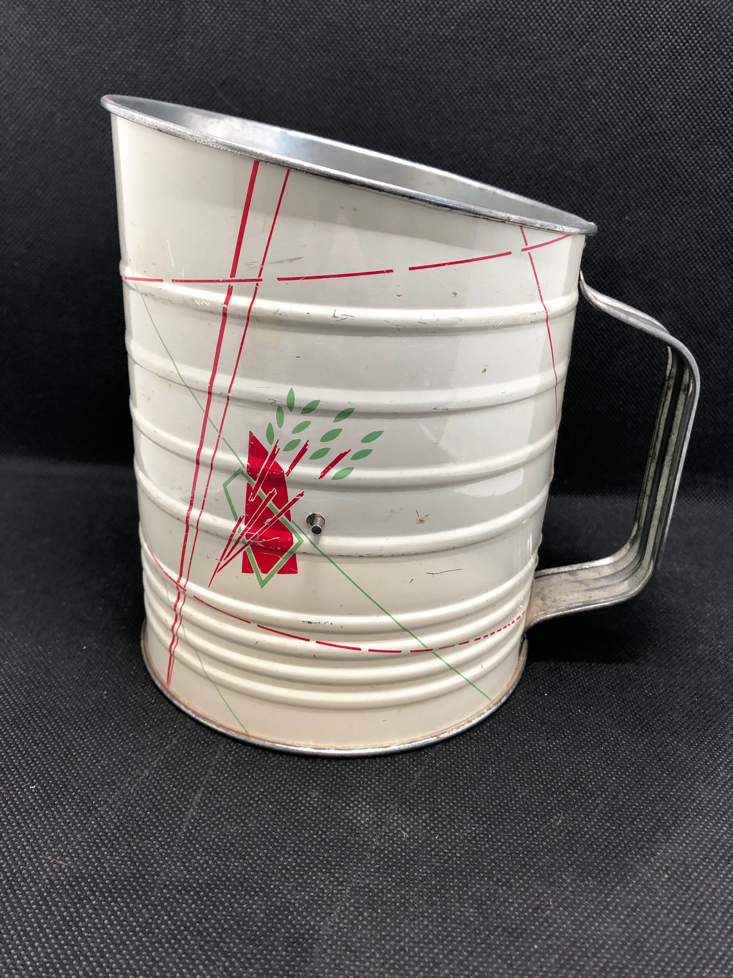 Vintage flour sifter mid century white with red and green design