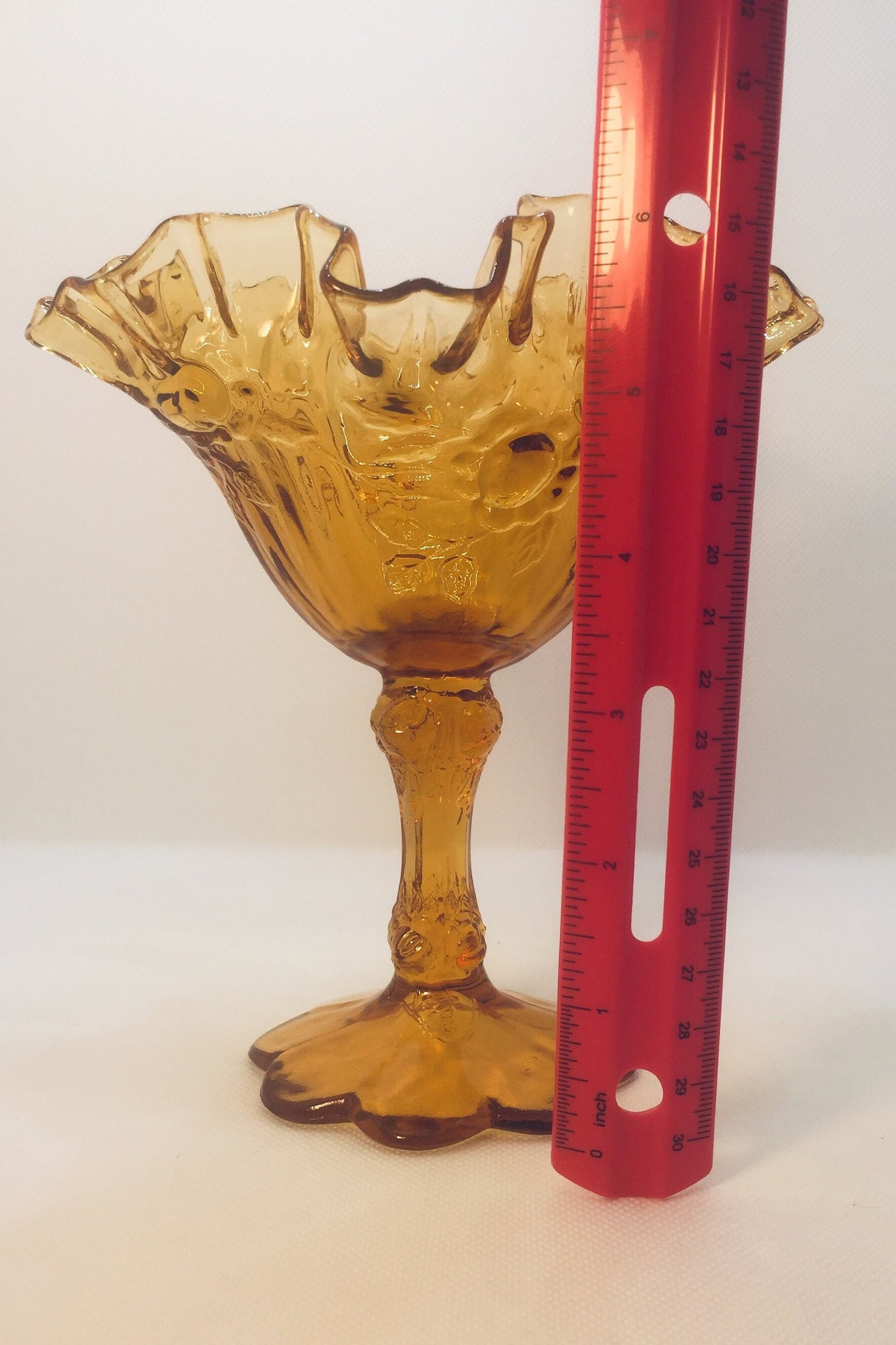 Fenton Amber Glass Ruffled Edge Compote with Roses