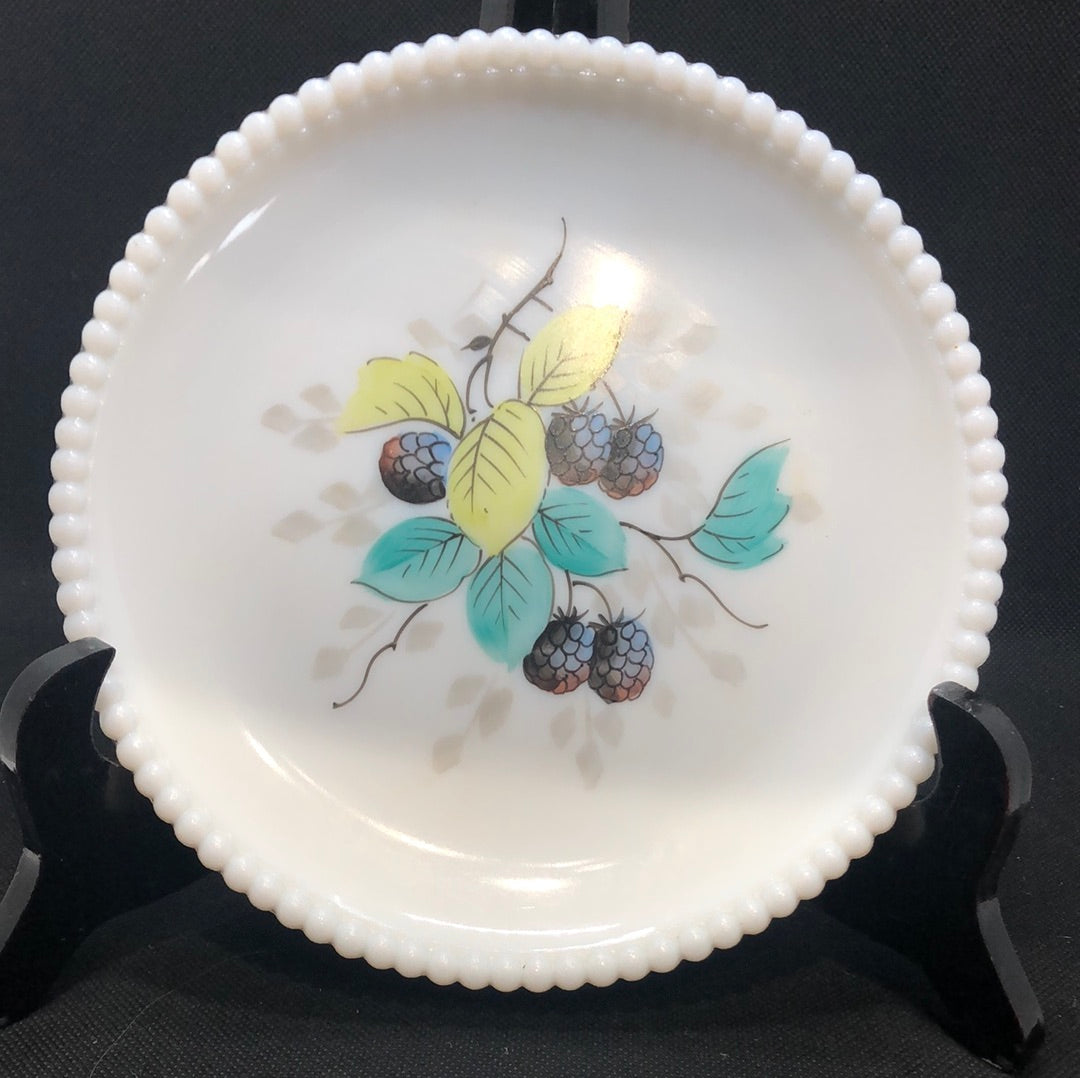 mid century milk glass hand painted plate by Westmoreland with blackberry