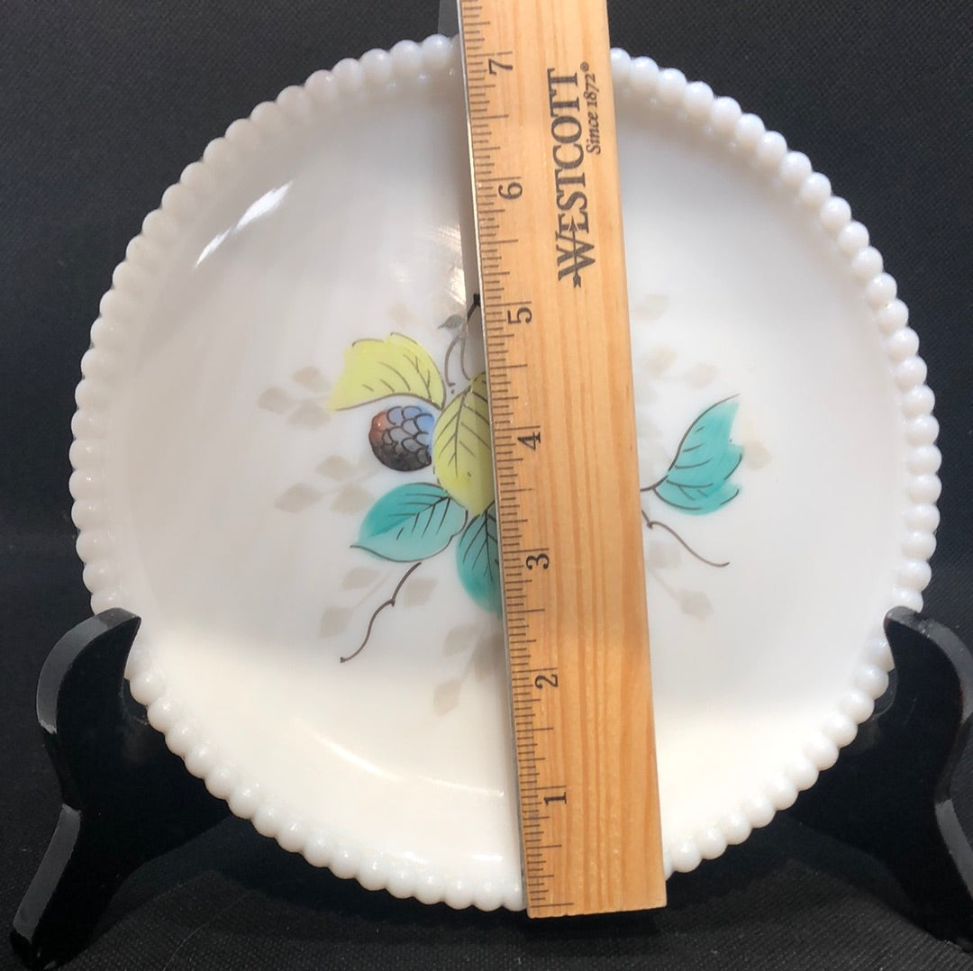 mid century milk glass hand painted plate by Westmoreland with blackberry diameter