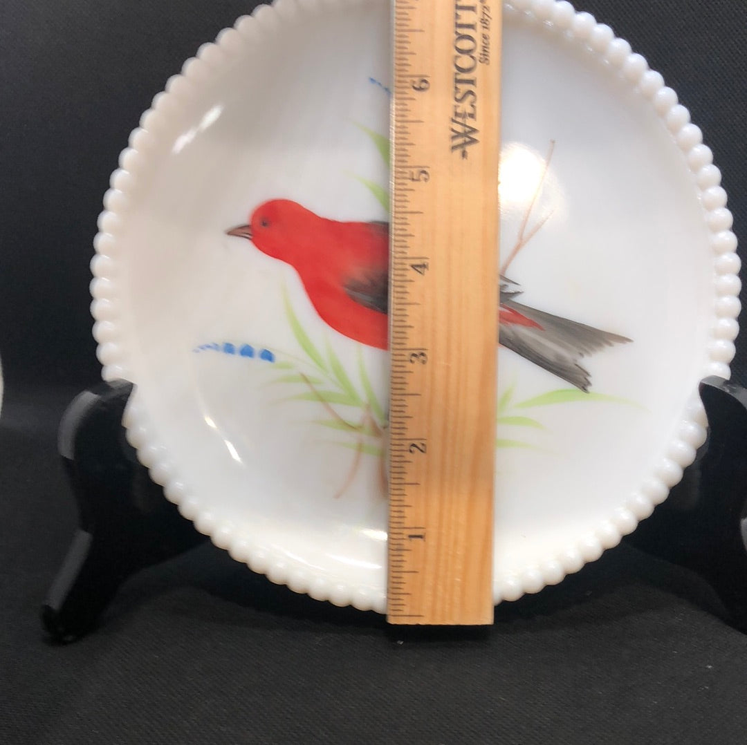 mid century milk glass hand painted plate by Westmoreland with red bird diameter