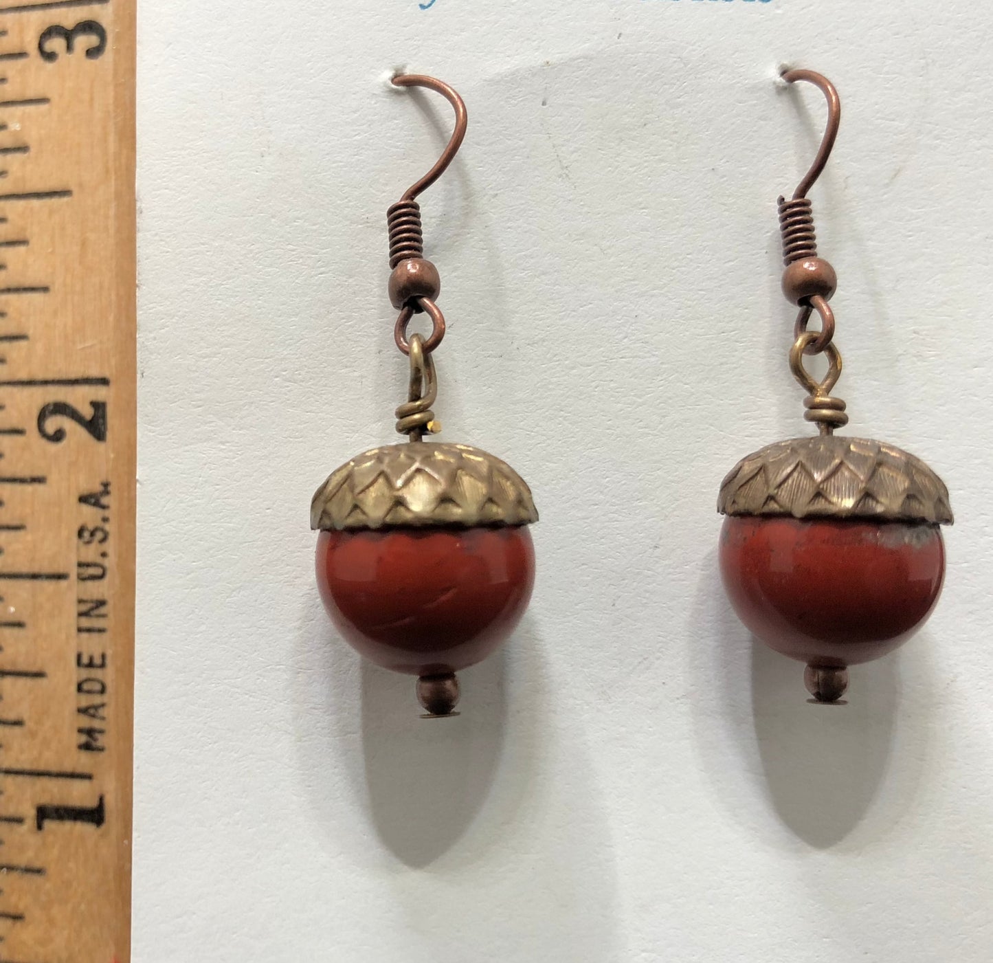 surgical steel earrings with Jasper bead acorns and Vintaj caps measurement