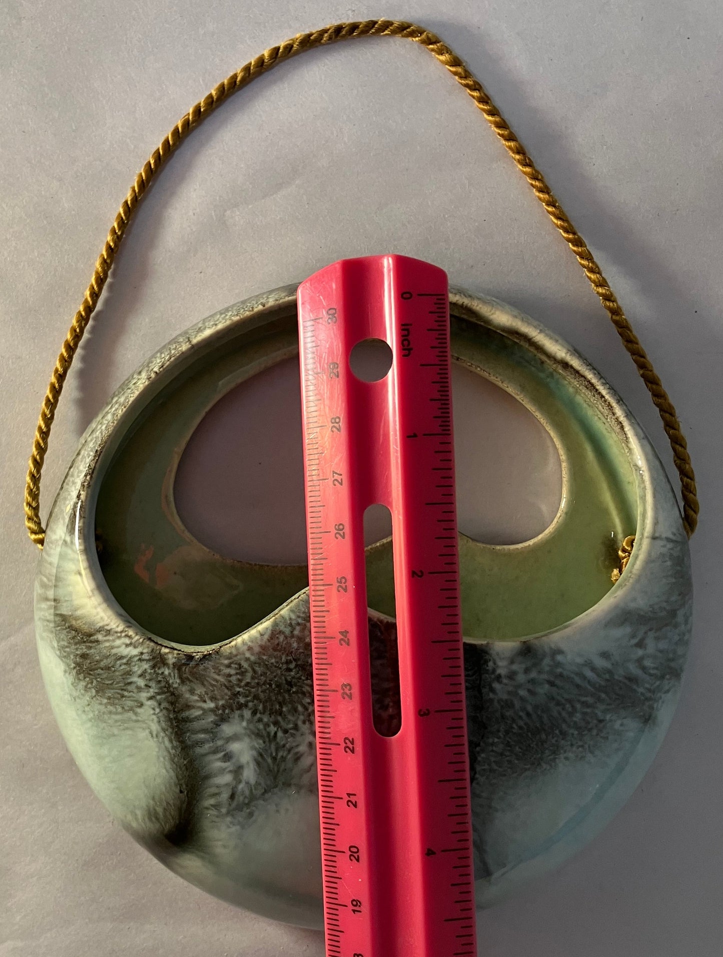 Mid Century Pottery Wall Pocket – Round Hanging Planter with Gold Cord