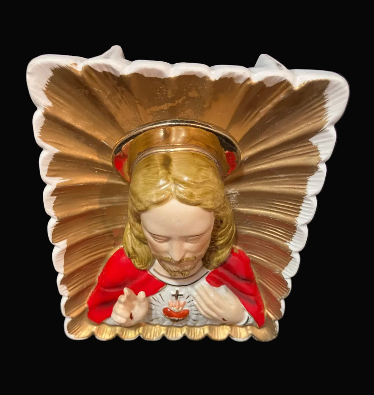 Vintage Sacred Heart of Jesus Wall Plaque – Catholic Religious Art – 1950s-60s Japan Ceramic