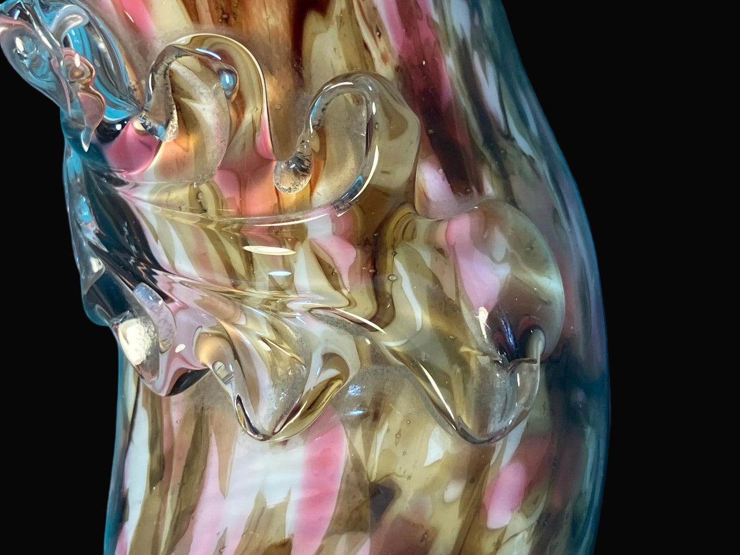 Antique Bohemian Glass Shoe Vase – Pink & Brown Splatter Glass