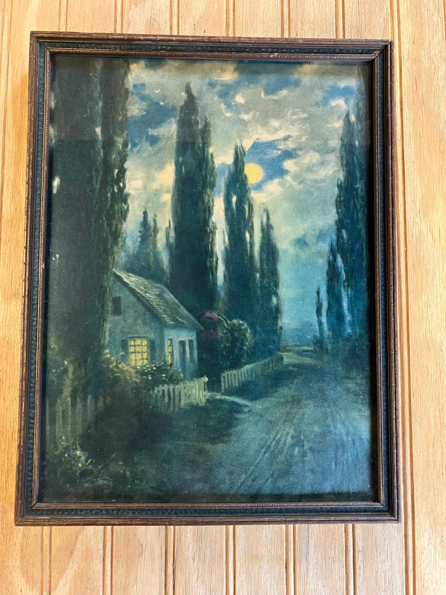 Vintage Framed Cottage Print – Moonlit Landscape – R. Atkinson Fox Style