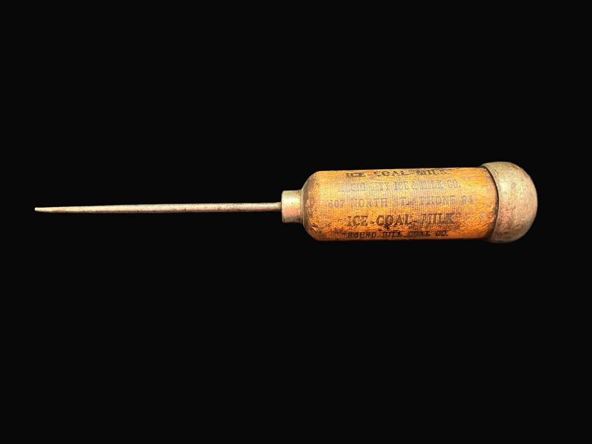 Vintage Advertising Ice Pick Round Hill Coal Co Magic City Ice Milk Co Endicott NY Primitive Wooden Handle Antique Americana Tool