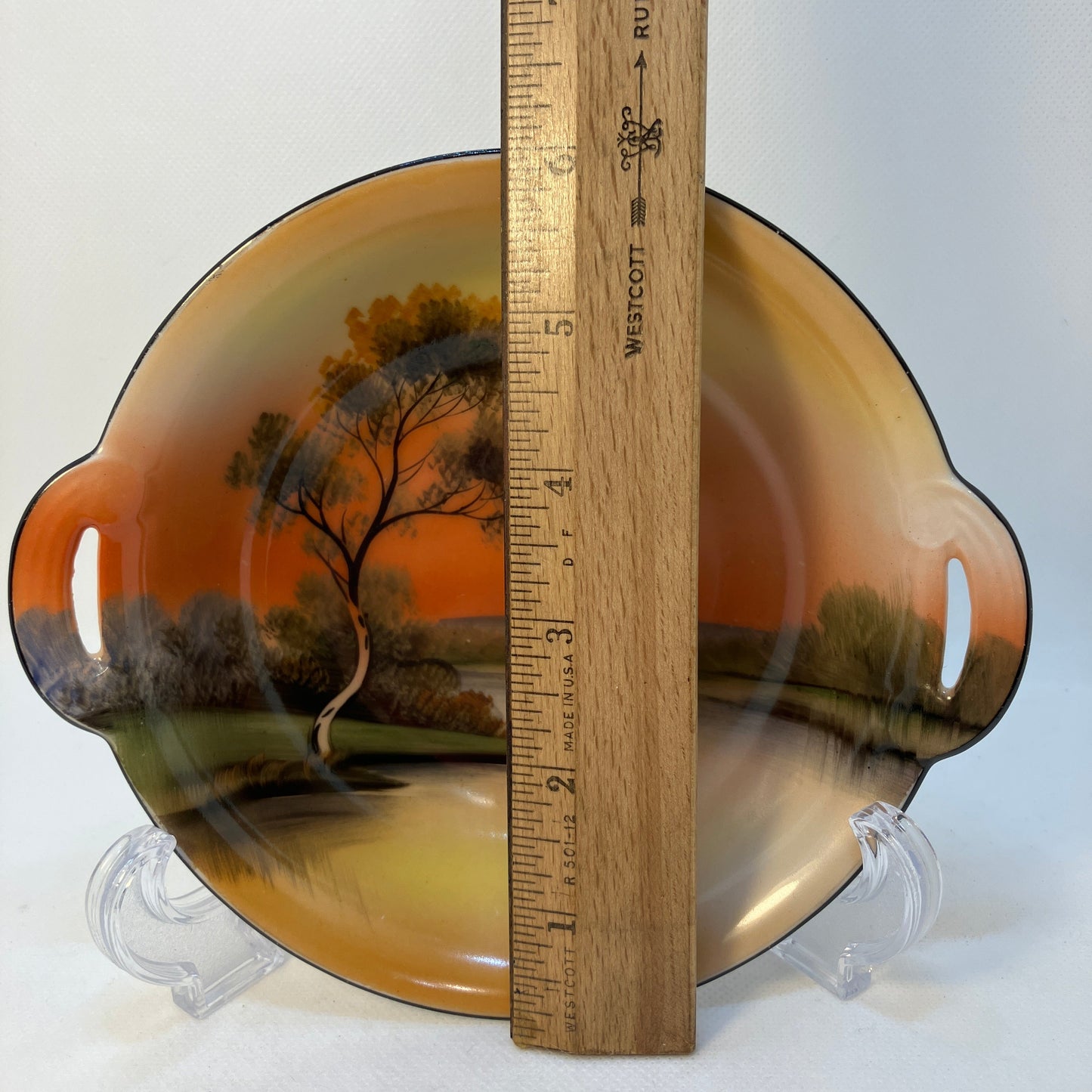 Vintage Noritake Hand-Painted Bowl with Handles and Sunset Lake Scene
