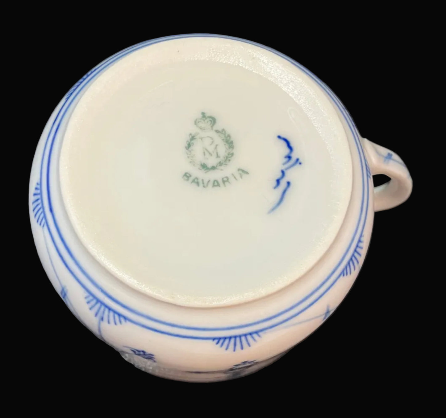 Vintage Moschendorf Bavaria Cup and Saucer Set – Strawflower Blue & White Porcelain – Set of 4