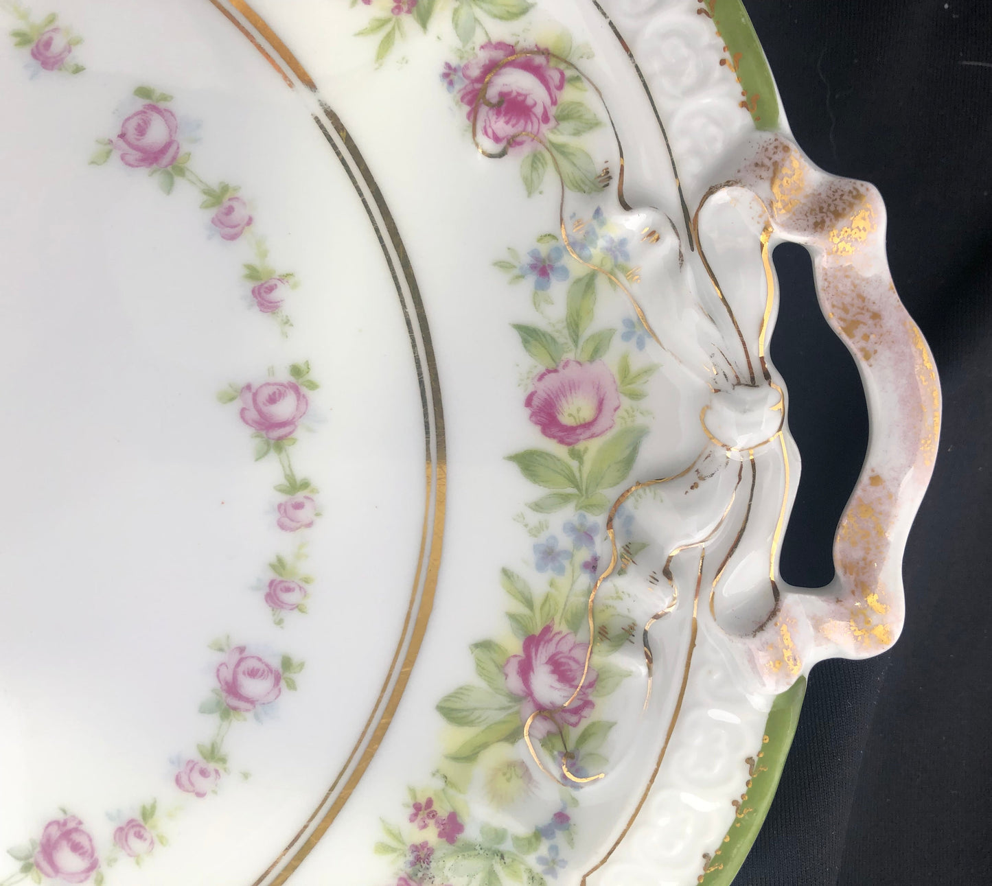 Antique Rosenthal RC Carmen Bavaria Cake Plate, Green & Roses Porcelain Serving Plate