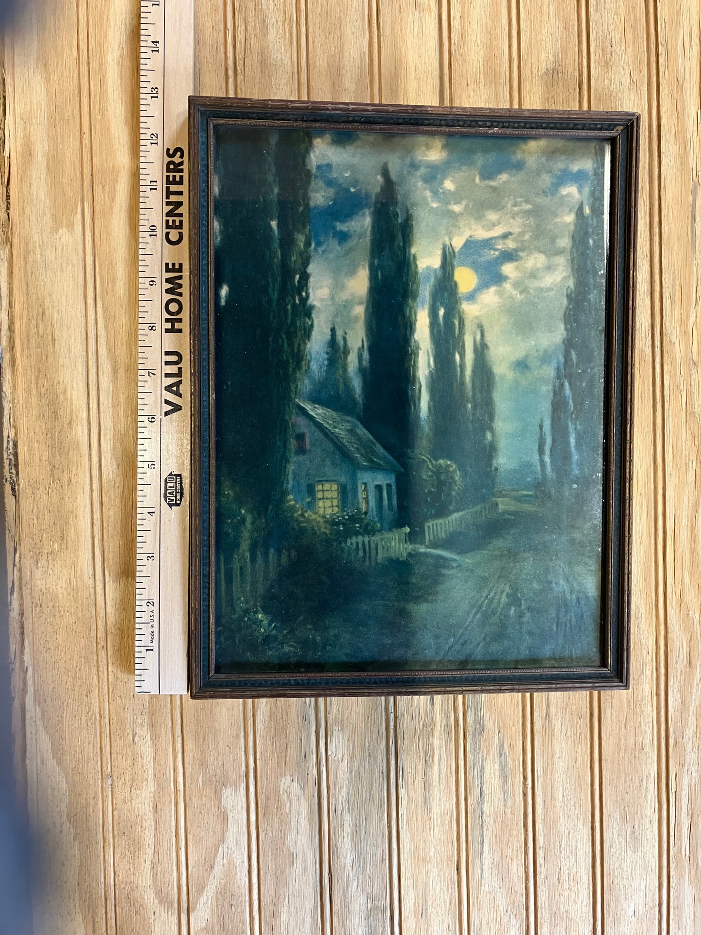 Vintage Framed Cottage Print – Moonlit Landscape – R. Atkinson Fox Style