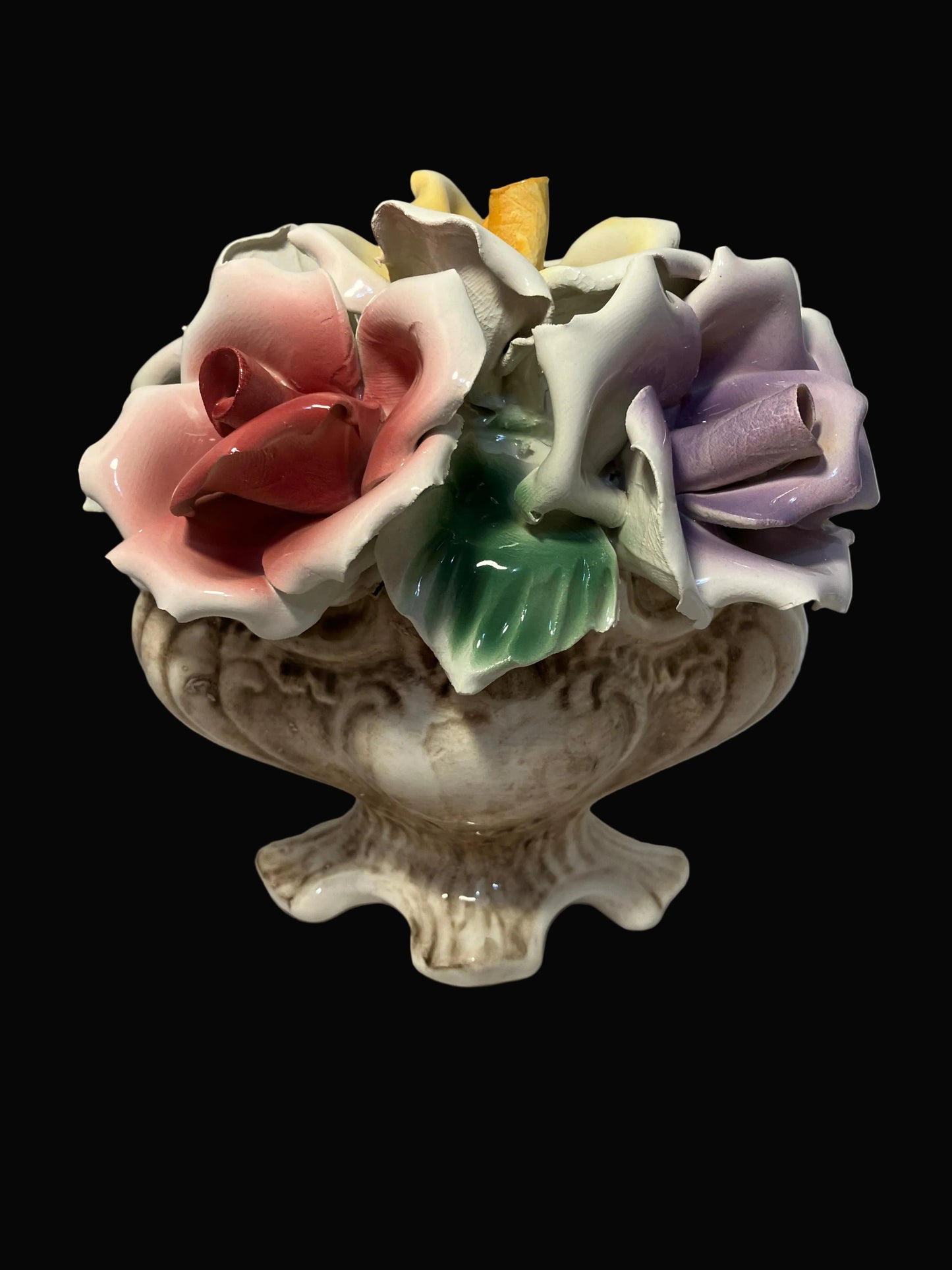 Vintage Capodimonte porcelain roses in vase base