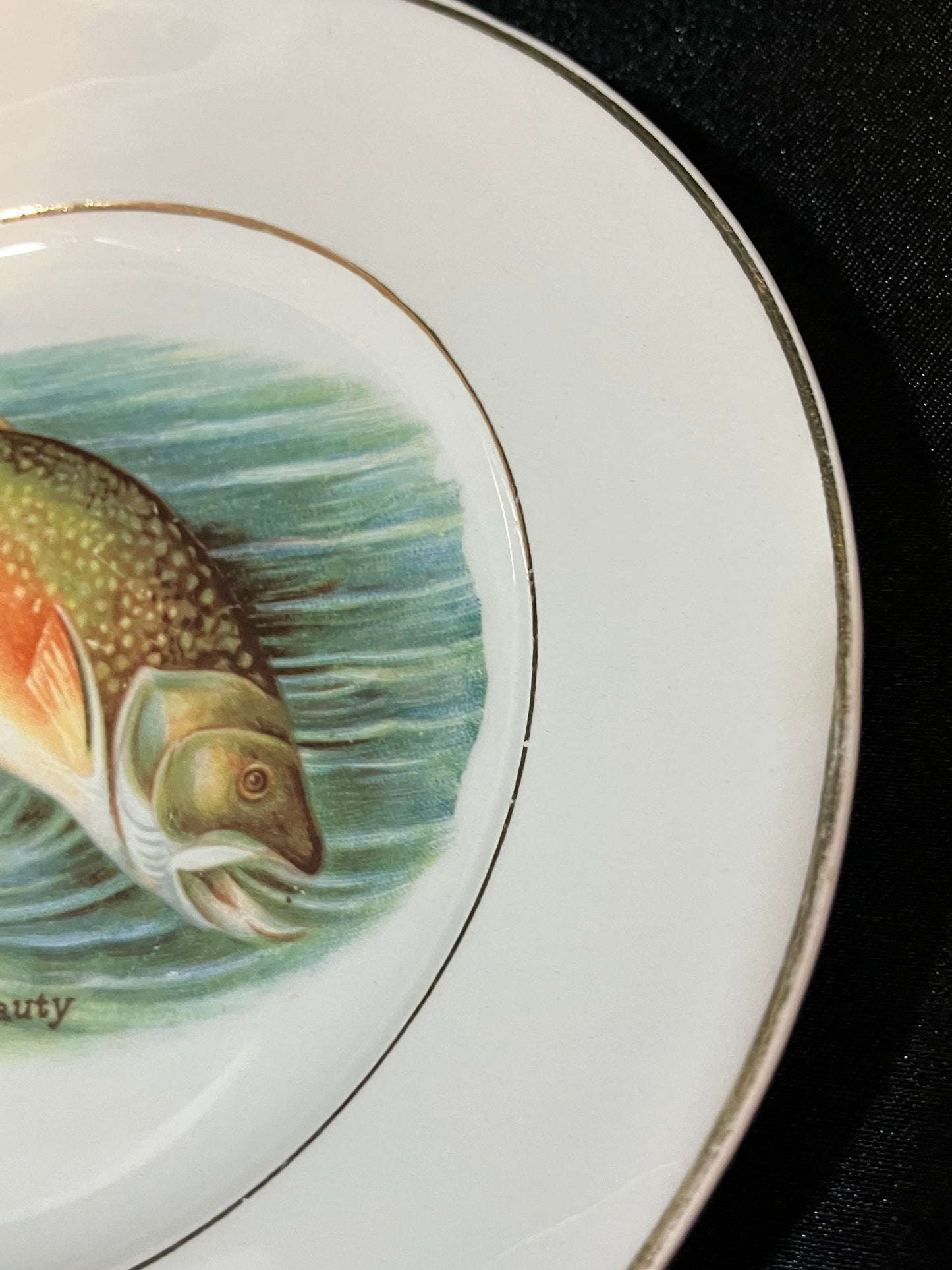 Antique Harker Pottery Eagles Mere PA Souvenir Plate – Speckled Beauty Trout – Early Semi Porcelain Fish Cabinet Plate