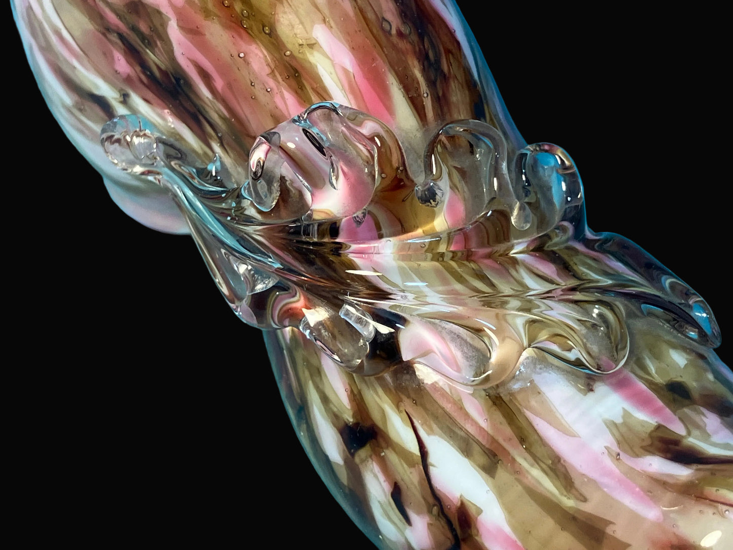 Antique Bohemian Glass Shoe Vase – Pink & Brown Splatter Glass