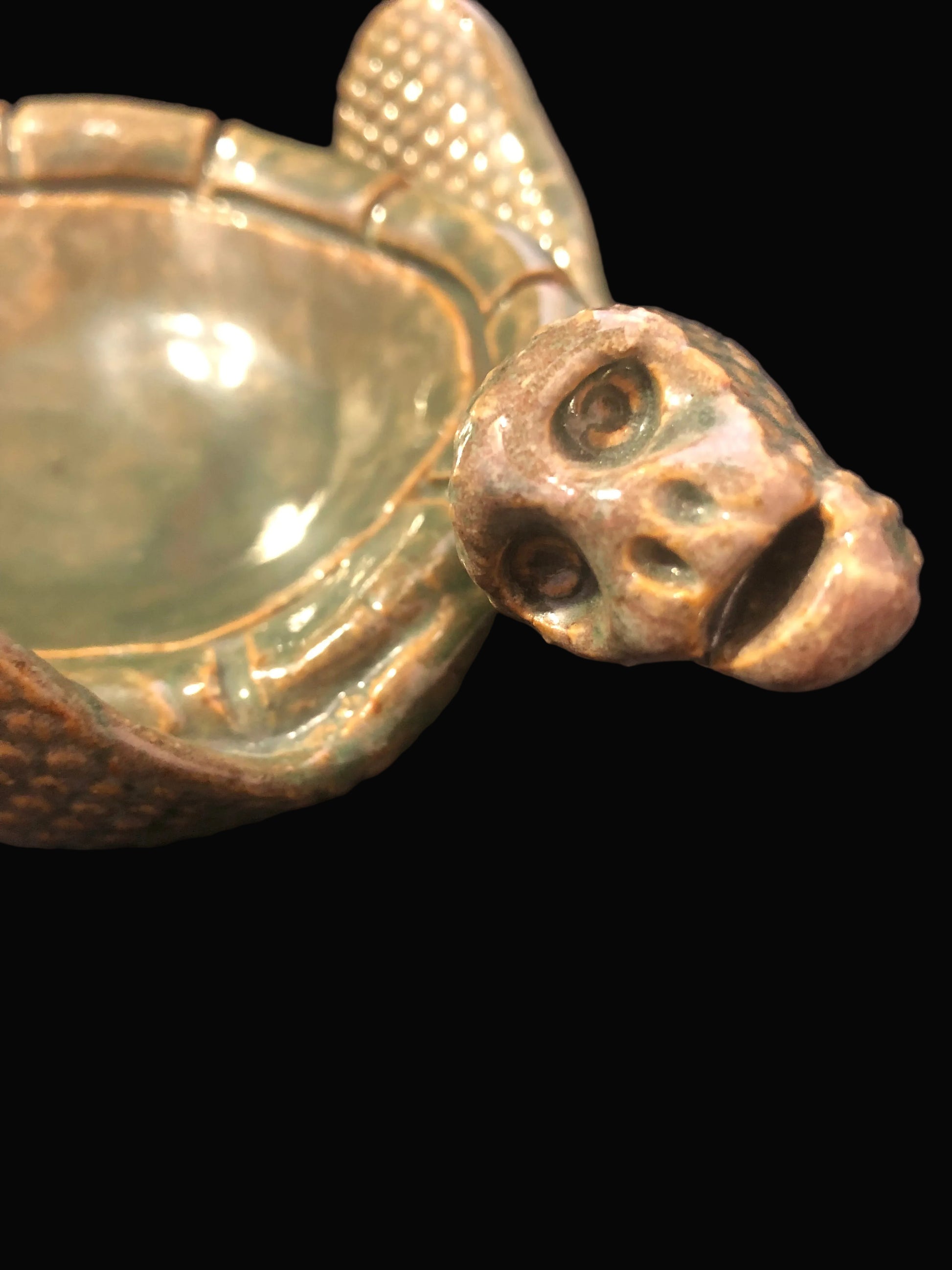 A small carved turtle-shaped object with a glossy greenish body and a weathered brown head, photographed close up 