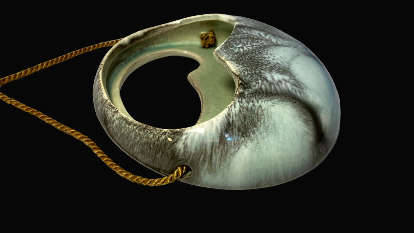 Mid Century Pottery Wall Pocket – Round Hanging Planter with Gold Cord