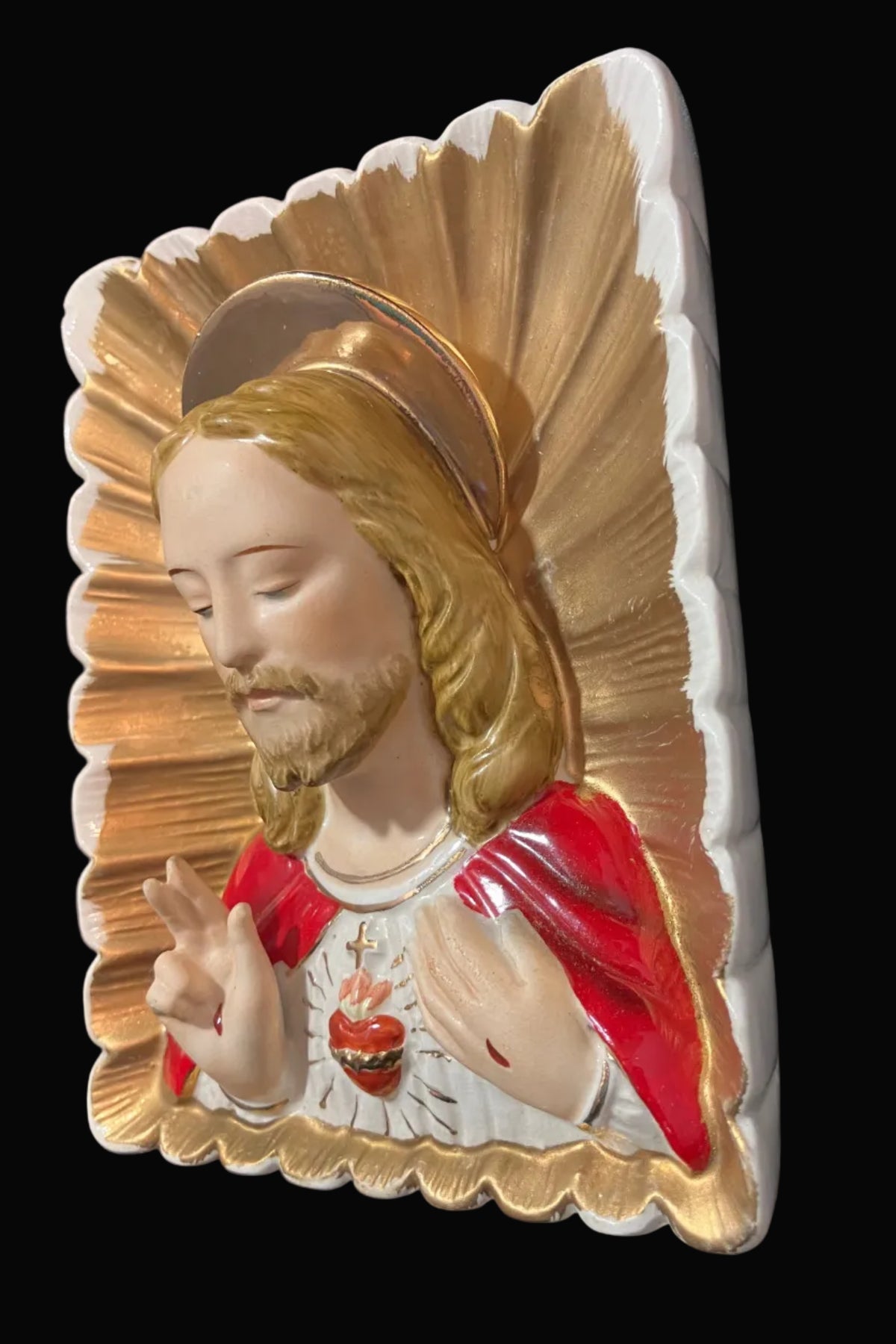 Vintage Sacred Heart of Jesus Wall Plaque – Catholic Religious Art – 1950s-60s Japan Ceramic