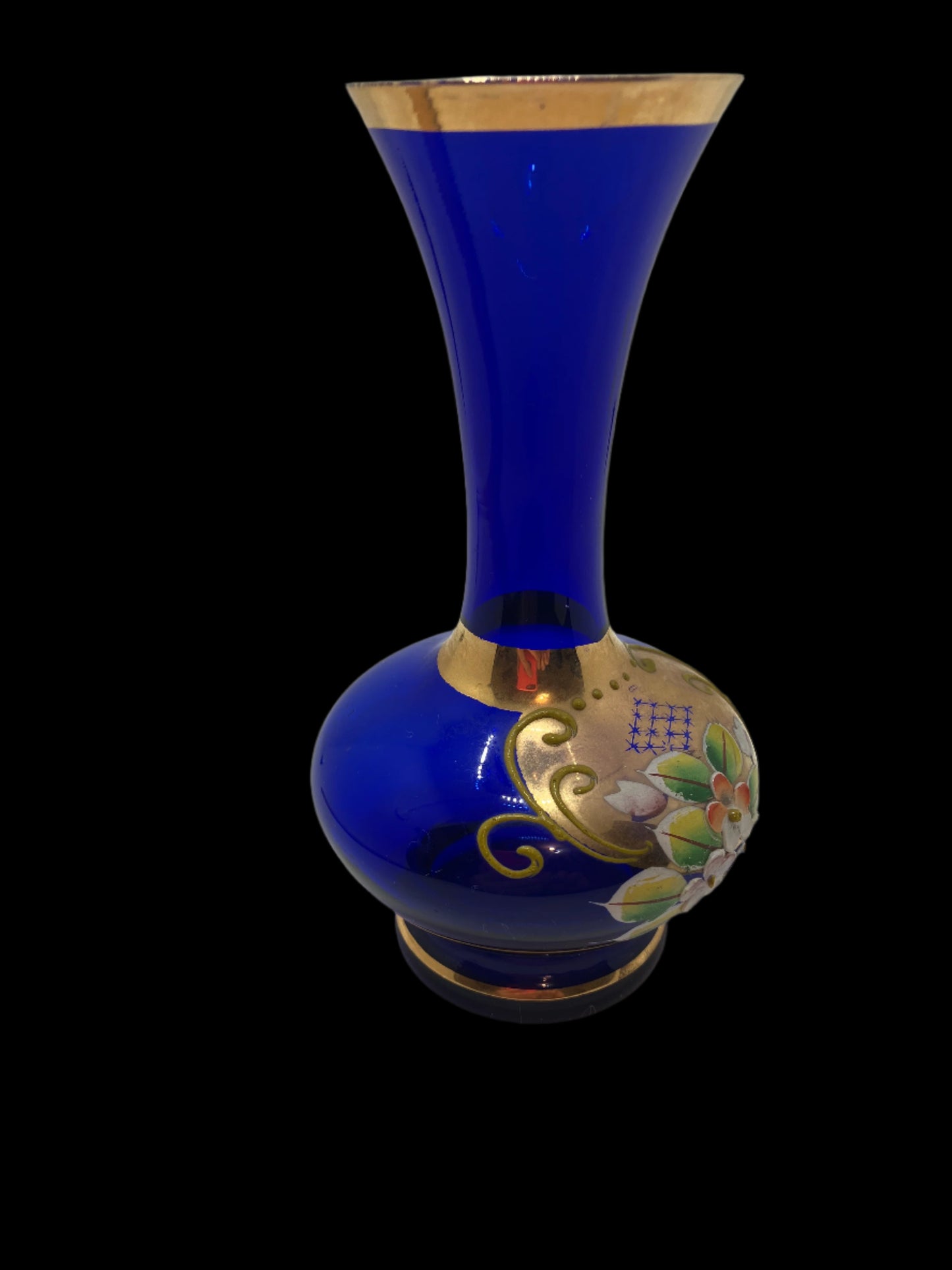 Vintage Bohemian Cobalt Blue Glass Bud Vase with Flowers