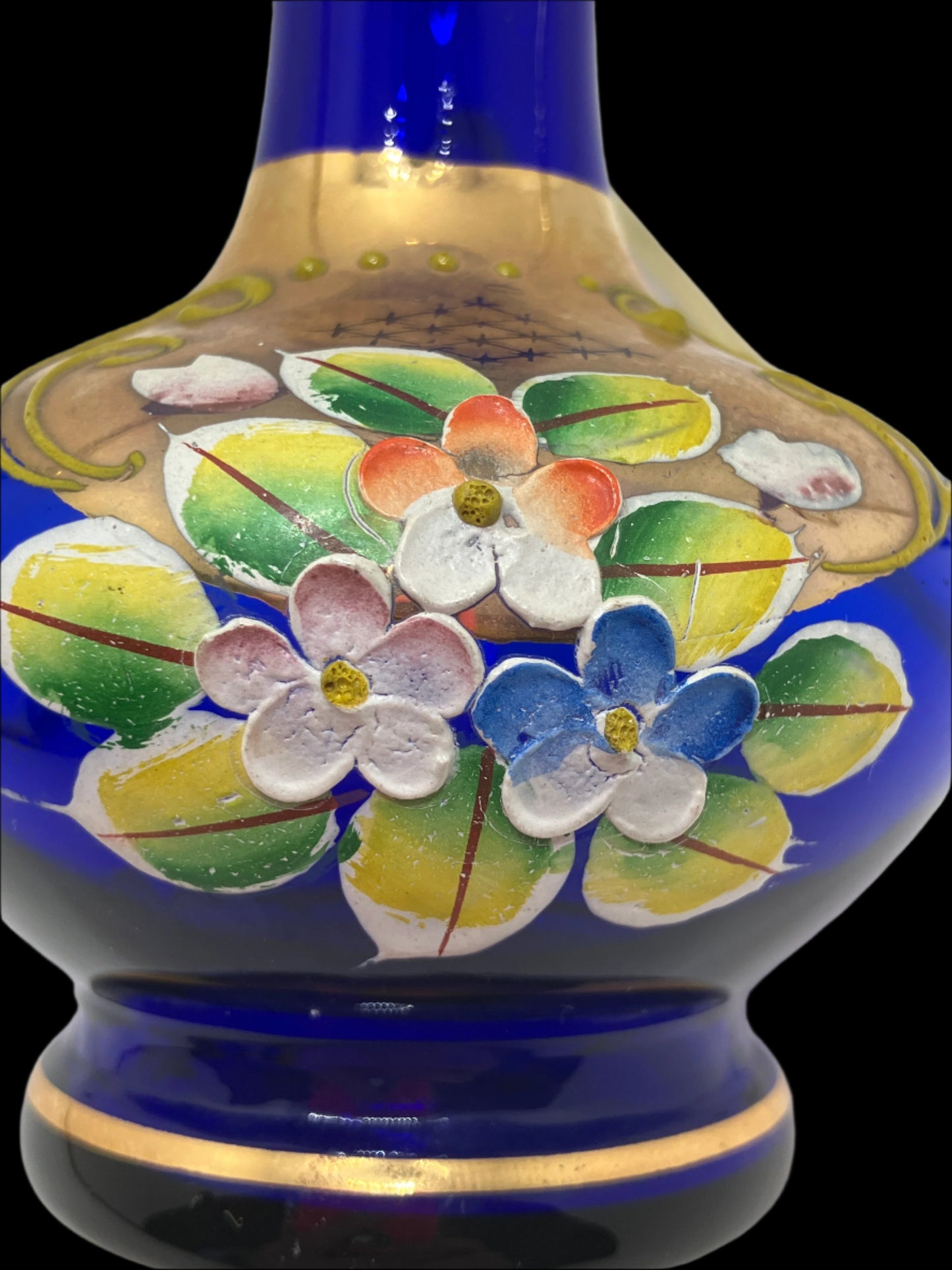 Vintage Bohemian Cobalt Blue Glass Bud Vase with Flowers
