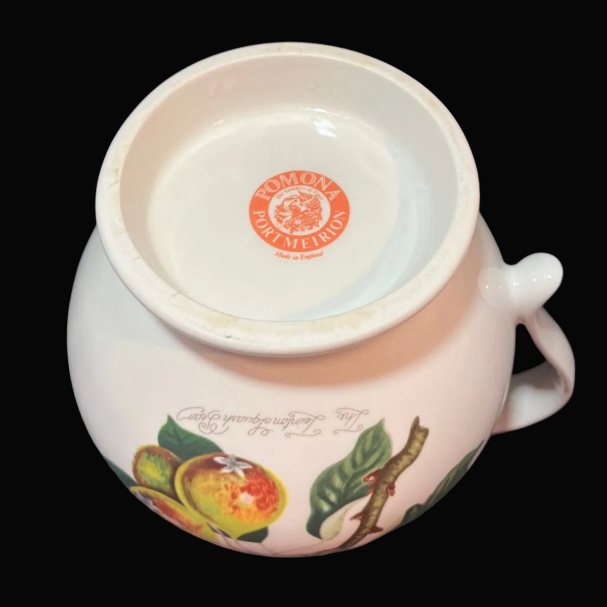 A vintage cream-colored ceramic cup with a handle, decorated with a colorful illustration of an orange and green leaves, shown upside down to display the inside base which features a Portmeirion Pomona circular logo.